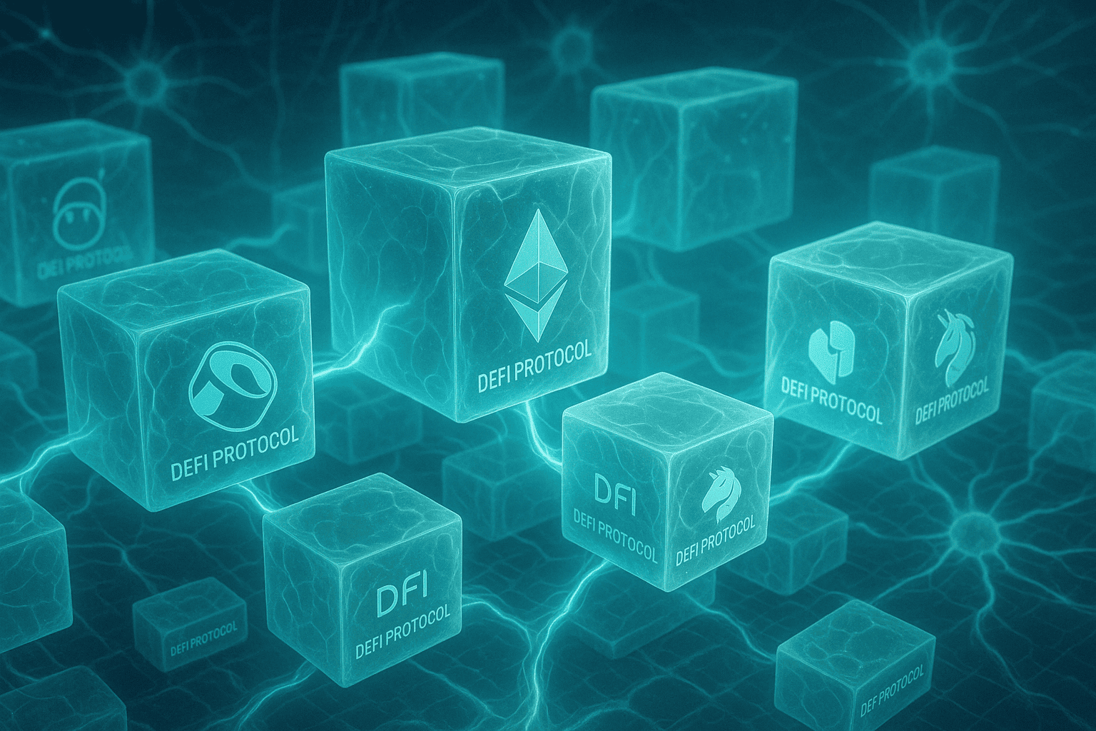 Uma ilustração mostrando múltiplos protocolos DeFi representados como blocos biotecnológicos translúcidos, encaixando-se como peças vivas em um organismo digital. Linhas de energia correm entre os blocos, simbolizando transações e interoperabilidade.