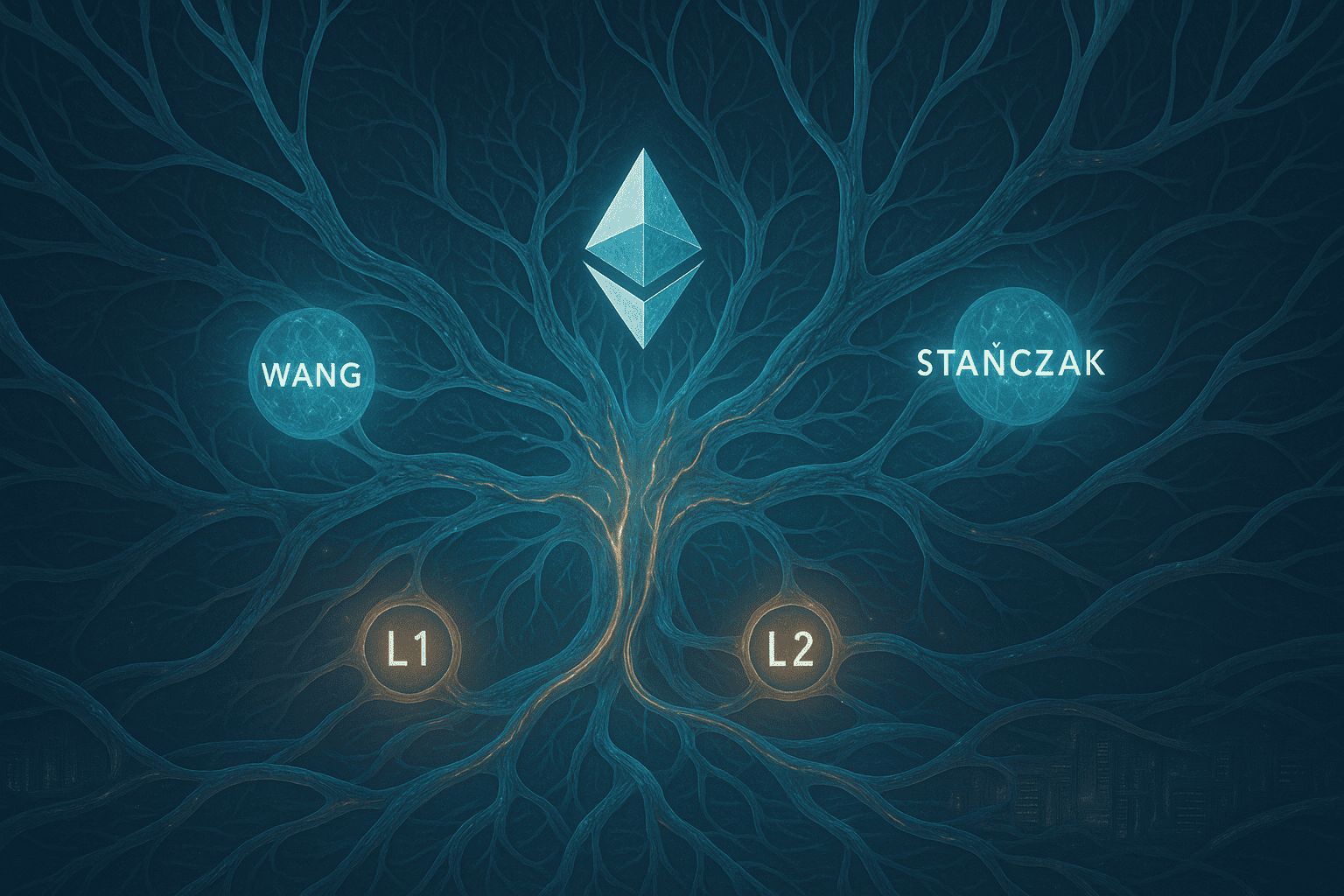 Representação simbiótica da nova liderança conectando as camadas L1 e L2 de Ethereum como redes neurais entrelaçadas em um organismo digital, com sinais de coordenação e fluxo entre protocolos.