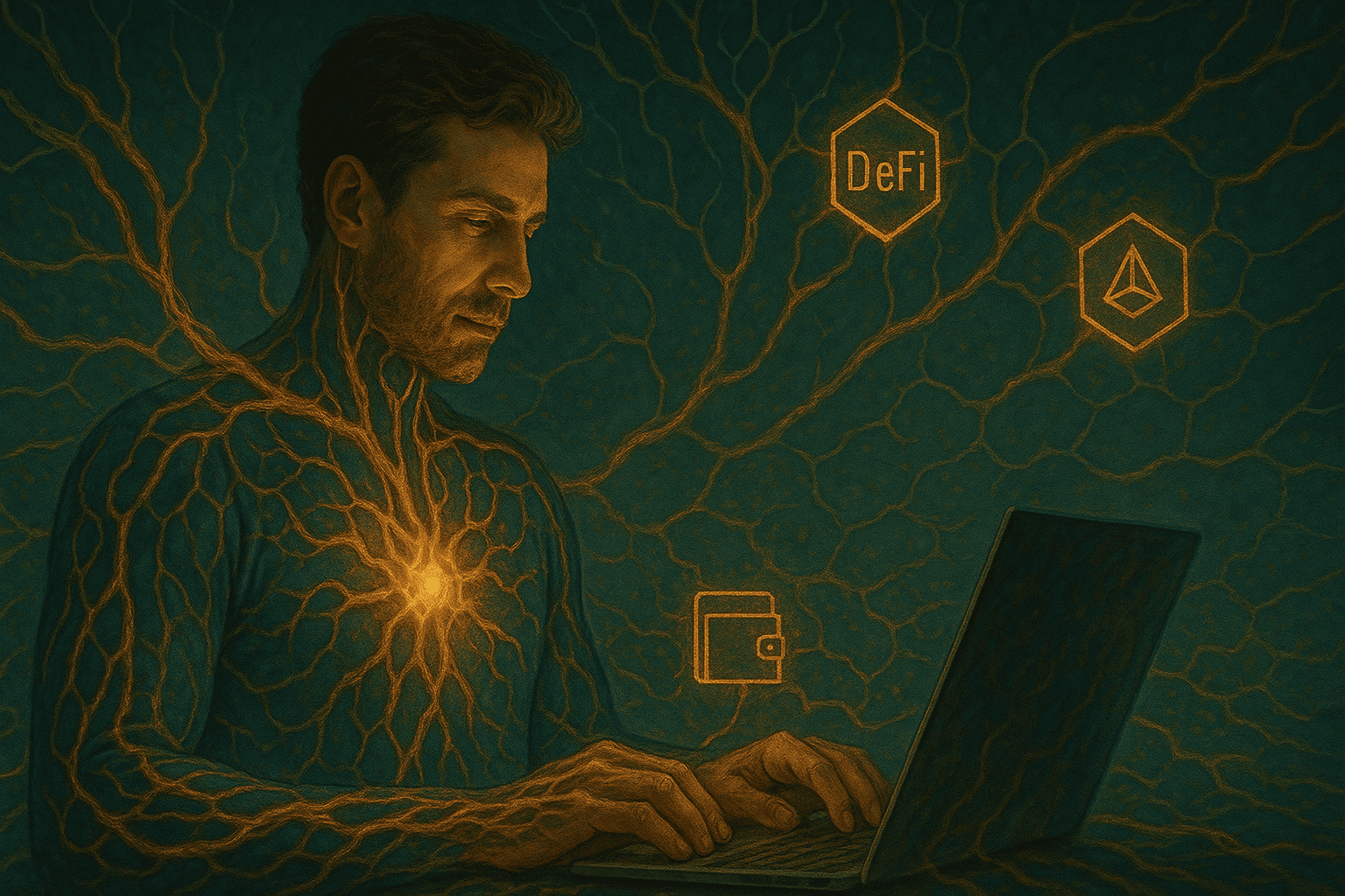 representação simbiótica do trabalhador conectado a redes DeFi e blockchains como extensão biotecnológica de sua produção e autonomia financeira, com circuitos vivos e pulsos de valor fluindo entre carteiras, DAOs e contratos inteligentes.