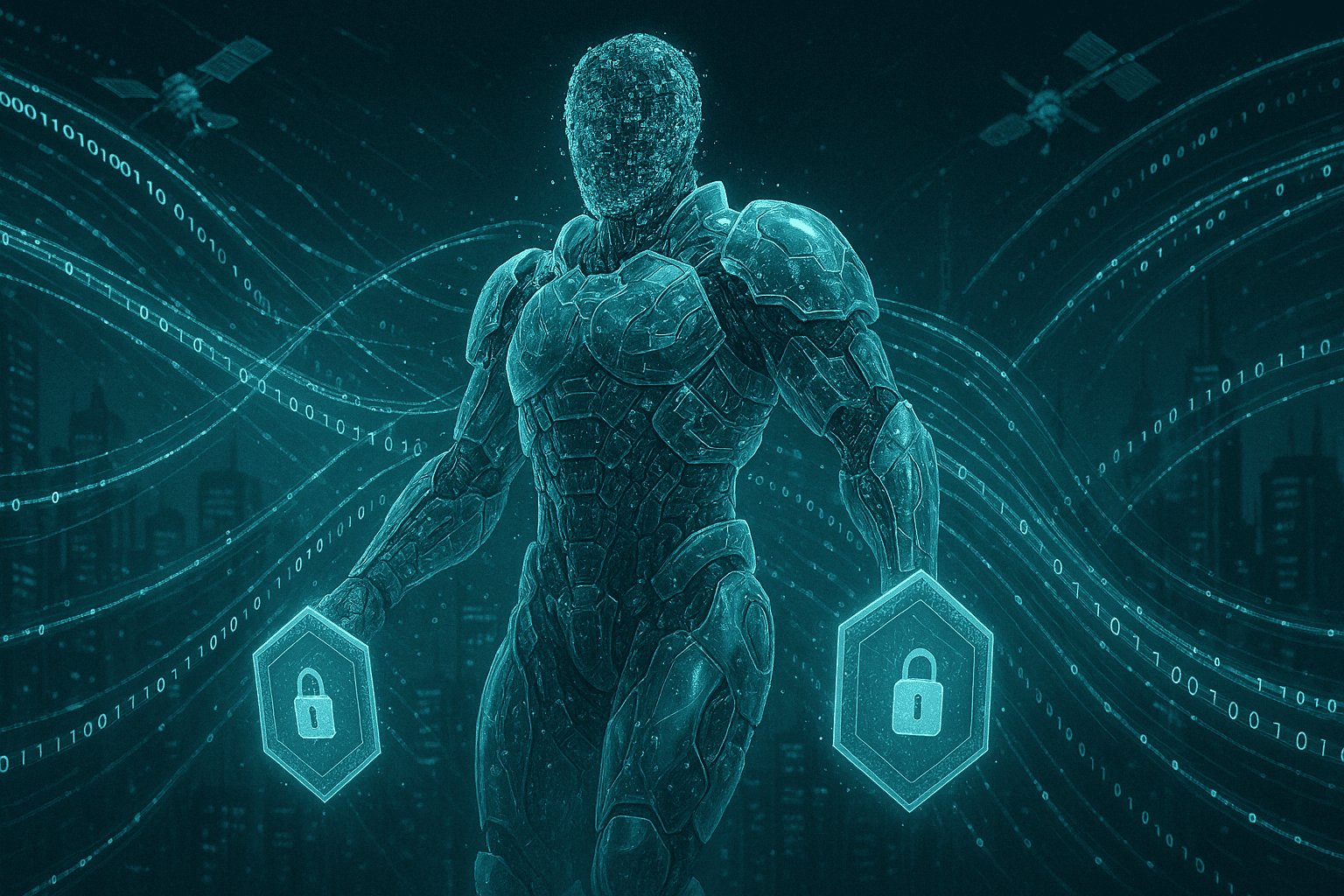 Ilustração mostrando uma figura humanoide feita de dados flutuantes usando uma armadura biotecnológica translúcida, enquanto atravessa uma cidade digital cheia de sensores e satélites. Ao redor, fluxos de dados tentam penetrar a armadura, mas são desviados por escudos criptográficos.