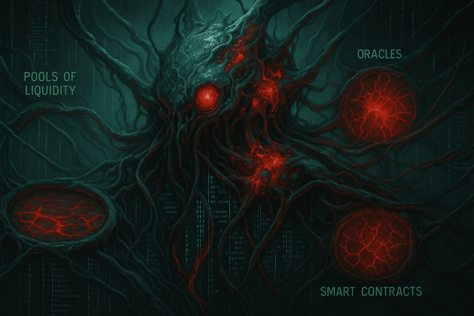 Uma ilustração sci-fi biotecnológica de um organismo cripto com infecções visíveis: pools de liquidez contaminadas, contratos inteligentes corrompidos e oráculos com falhas pulsando em vermelho.
