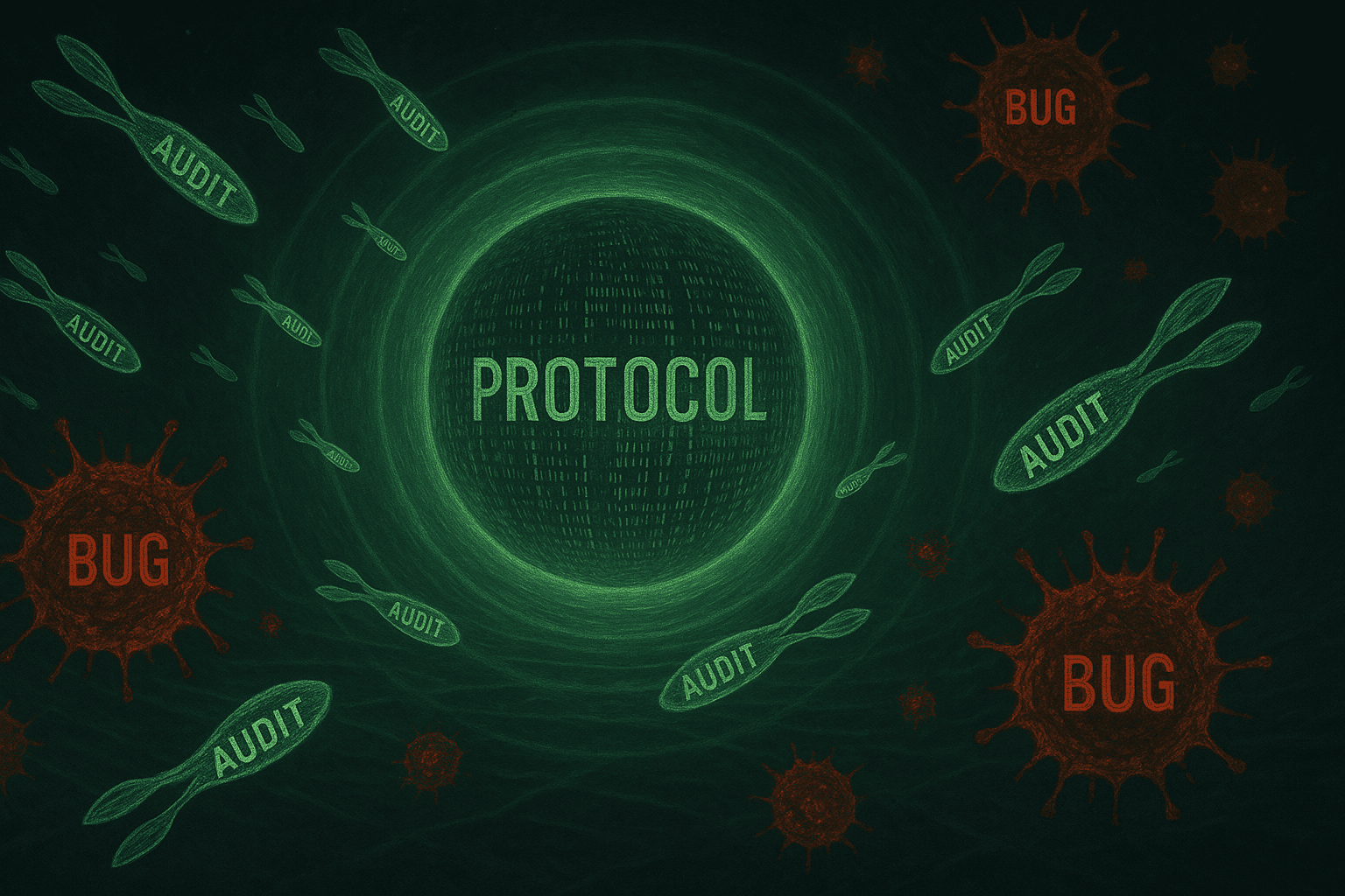 Representação visual de um sistema imunológico DeFi: auditorias como anticorpos voando em direção a bugs como vírus digitais.