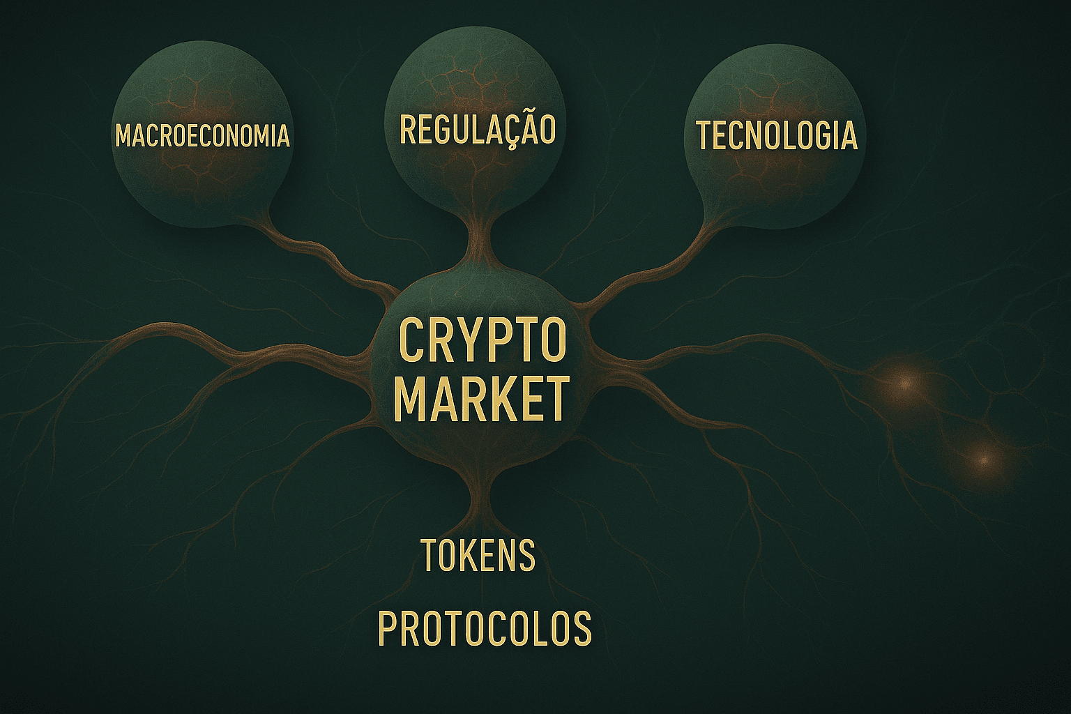 Diagrama simbiótico representando os quatro fatores (macroeconomia, regulação, tecnologia, sentimento) como moléculas interligadas influenciando o metabolismo do mercado cripto, com ramificações que afetam tokens, protocolos e usuários.
