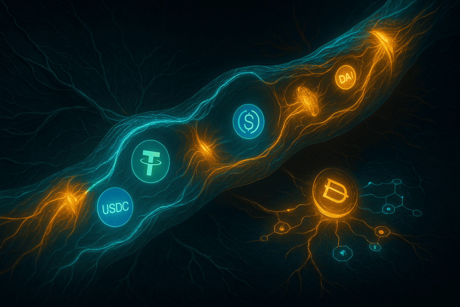 uma veia biotecnológica transportando stablecoins com símbolos como USDT, DAI e USDC, passando por válvulas DeFi que geram rendimentos simbióticos.
