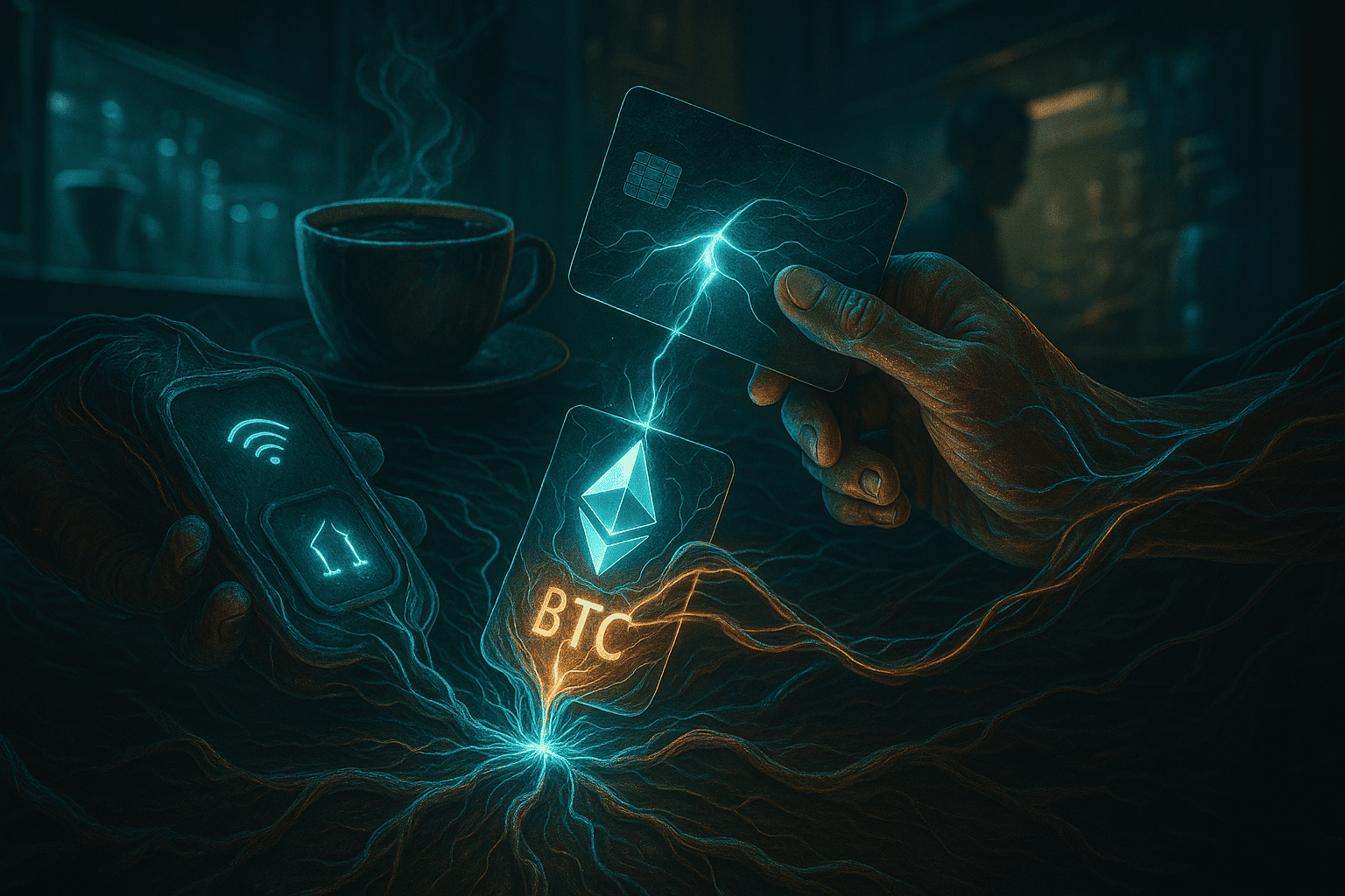 representação de um cartão cripto como um nervo condutor entre o organismo DeFi e o corpo físico, alimentando gastos reais com tokens digitais.