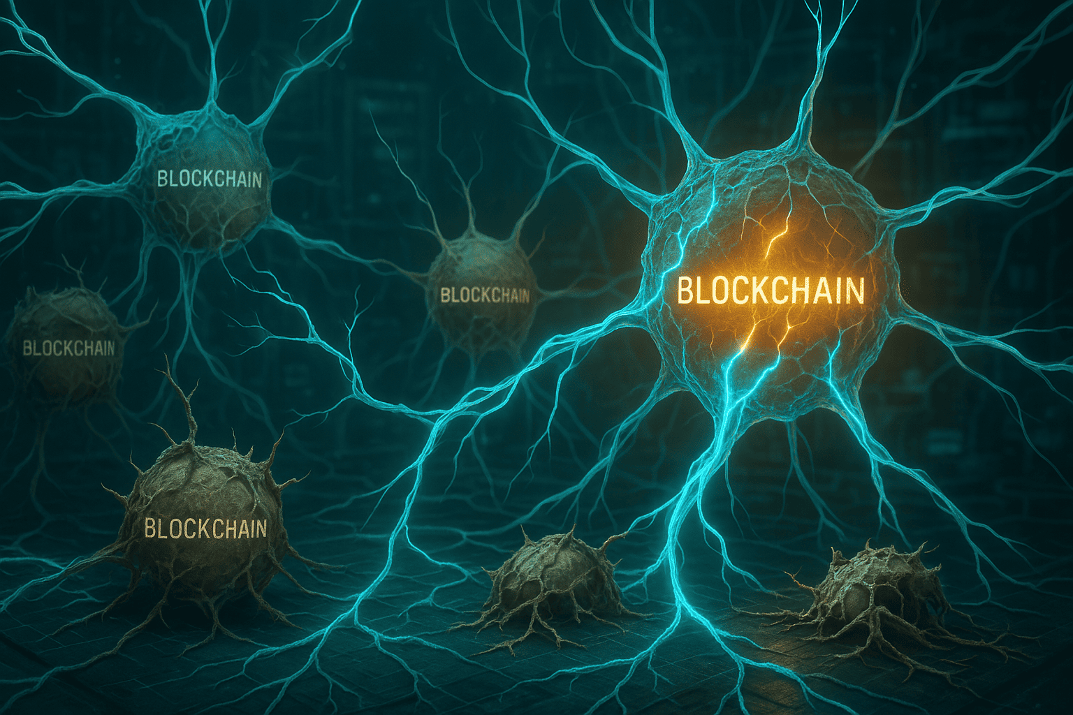 Uma ilustração simbiótica mostrando múltiplas blockchains como organismos interligados por veias digitais. Algumas brilham com pulsos de energia e conexões ativas. Outras aparecem desbotadas, encolhidas, com tecidos rompidos ou fragmentados.