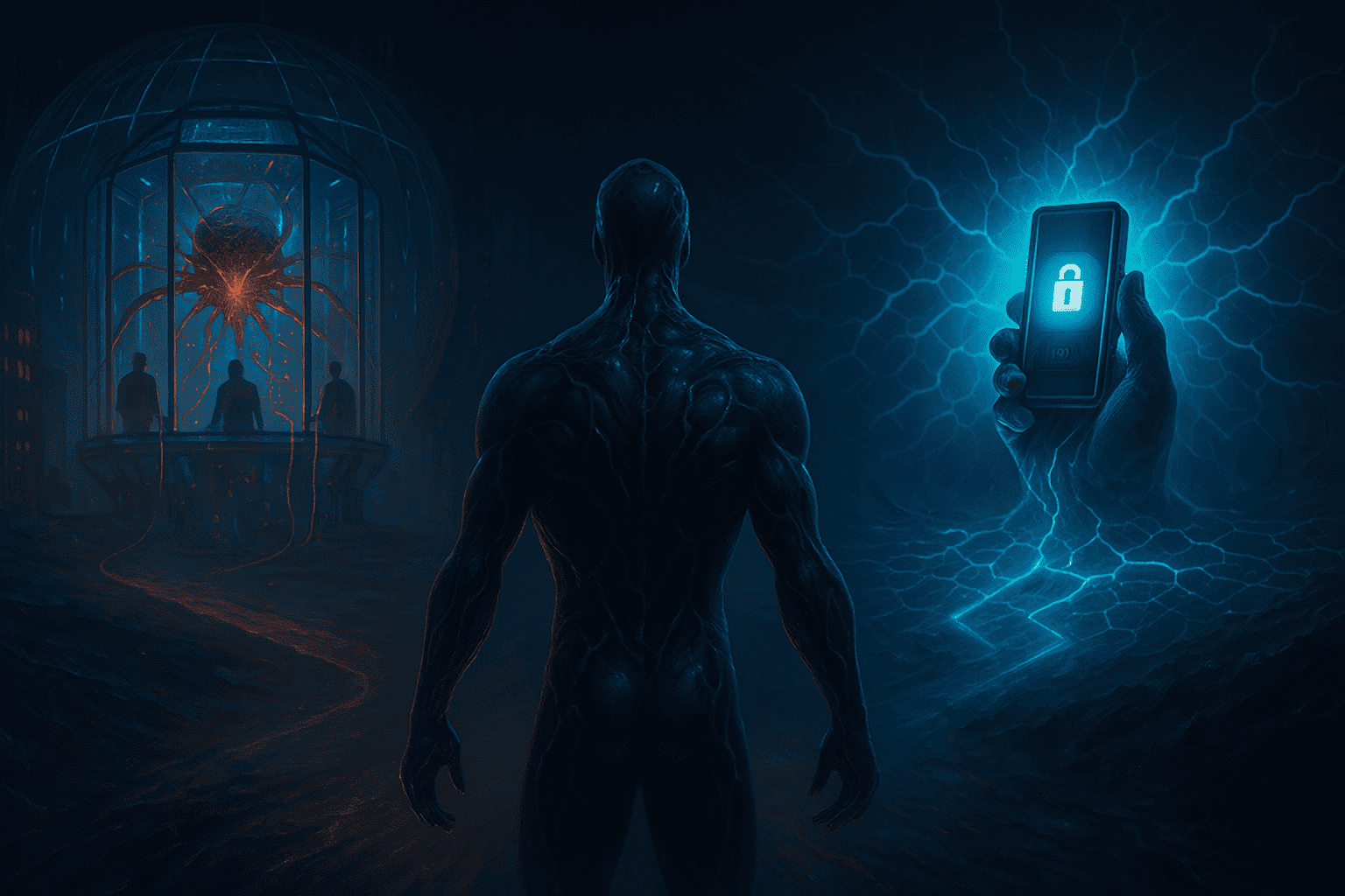Uma arte sci-fi mostrando um simbionte digital diante de dois caminhos: à esquerda, uma estrutura de vidro controlada por um organismo central com fios saindo das mãos dos usuários; à direita, uma carteira fria brilhando intensamente, conectada diretamente à rede blockchain.