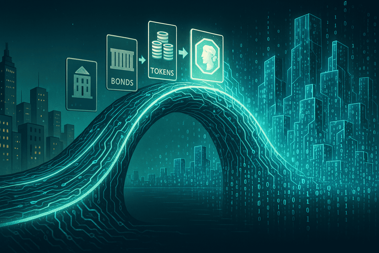 Uma cena futurista mostrando uma ponte viva, construída de luz e circuitos, ligando uma cidade tradicional feita de concreto a uma cidade digital feita de dados.