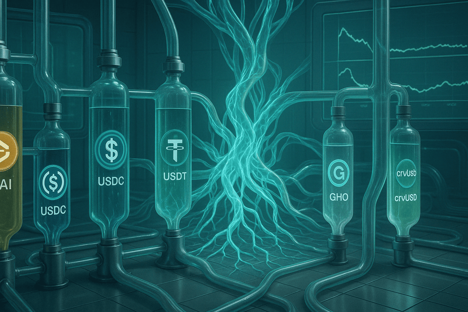 Uma ilustração realista de um laboratório biotecnológico onde tubos translúcidos transportam líquidos com símbolos das principais stablecoins (DAI, USDC, USDT, FRAX, GHO, crvUSD), conectando-se a uma estrutura simbiótica em forma de organismo digital. Ao fundo, há gráficos de volatilidade estabilizados, representando o equilíbrio químico da DeFi.