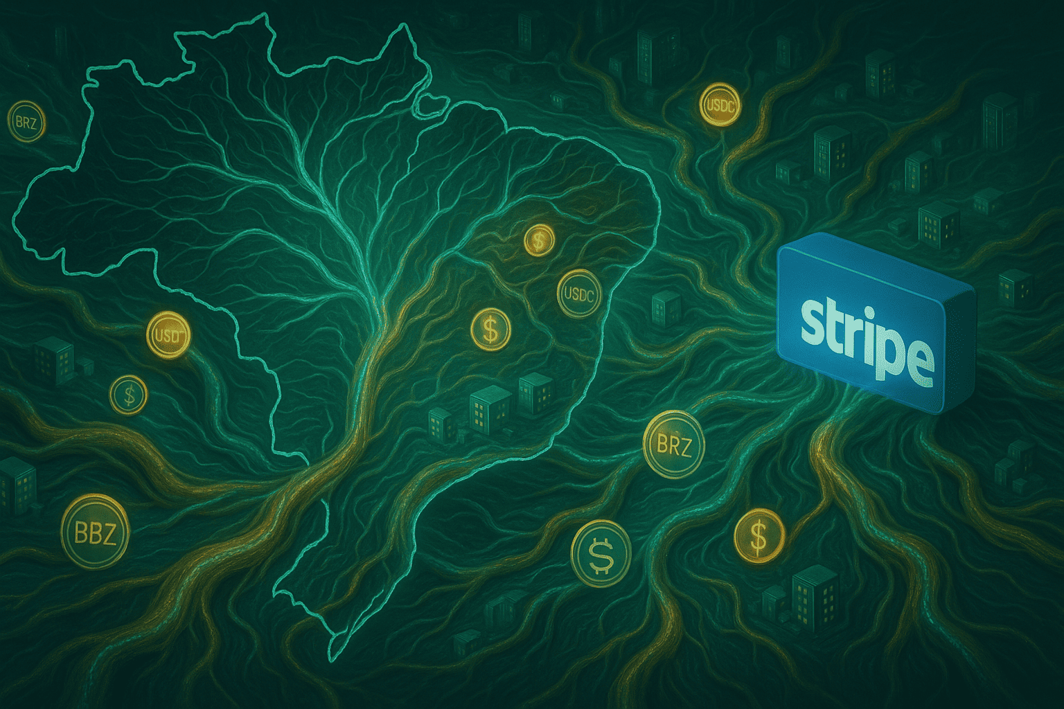 Representação de uma rede vascular digital conectando o Brasil à Stripe, com stablecoins fluindo como glóbulos entre fintechs, bancos e consumidores em uma paisagem biotecnológica.