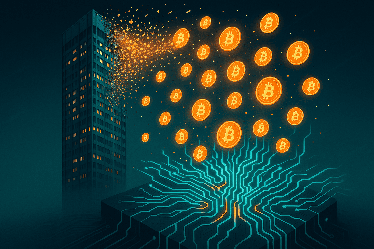 Ilustração sci-fi de um edifício real sendo fragmentado em partículas de luz e transformado em tokens digitais.