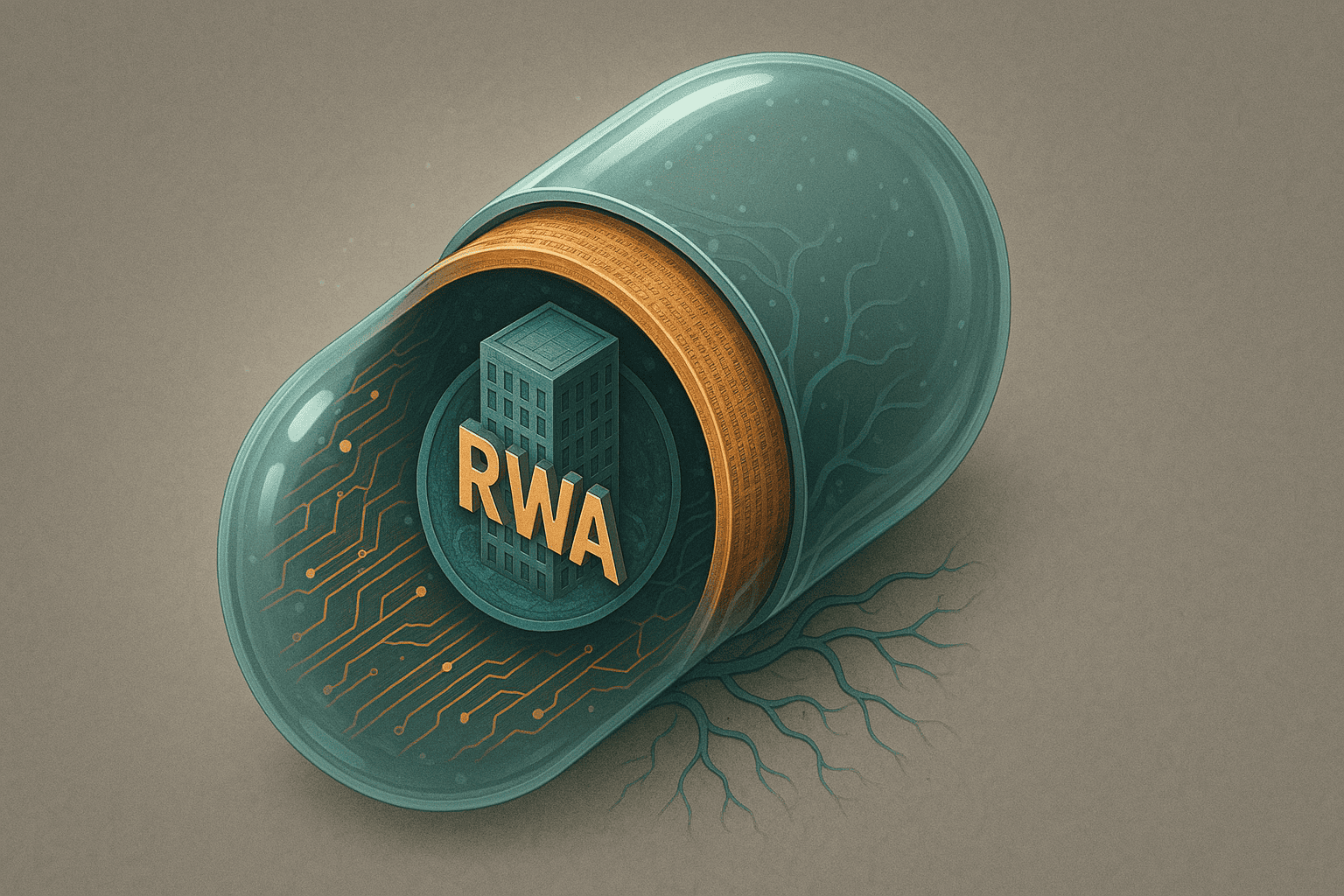 Uma representação simbólica de um token RWA em corte transversal, mostrando camadas internas: o ativo físico no núcleo, uma membrana de contratos legais, e uma superfície externa de código blockchain.