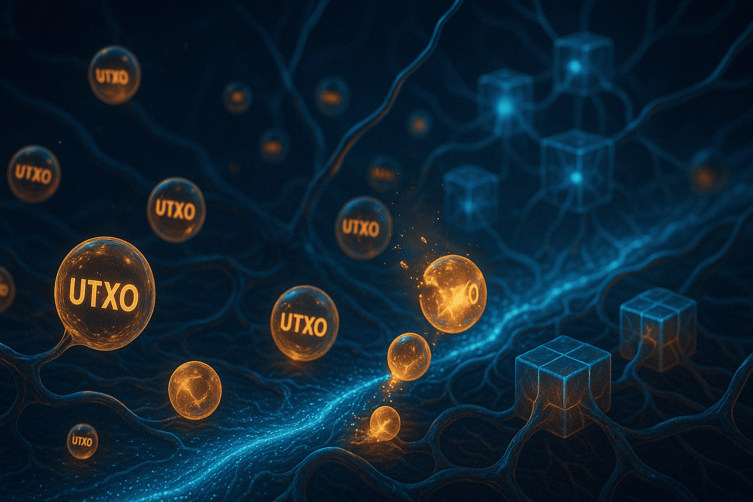 Células digitais brilhantes representando UTXOs flutuam em uma corrente de dados que percorre um organismo blockchain. Algumas células se desfazem e liberam energia luminosa ao serem utilizadas, enquanto outras se formam em tempo real em uma rede de filamentos orgânicos conectados a blocos em forma de neurônios pulsantes.