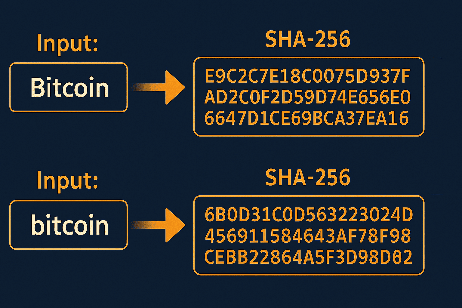 Representação gráfica da função SHA-256 mostrando como pequenas alterações no input produzem hashes completamente diferentes.
