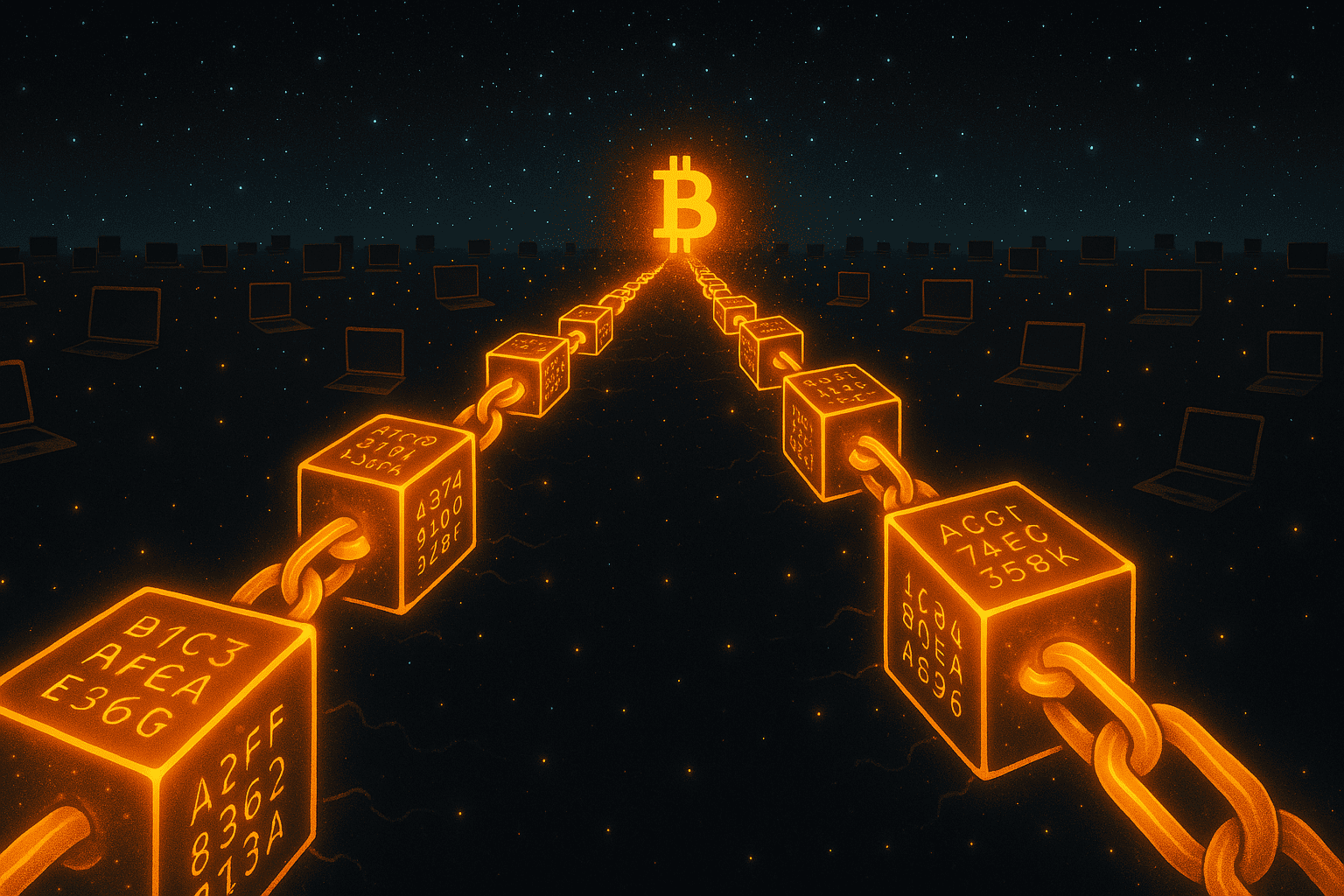 arte final mostrando a cadeia infinita da blockchain como um caminho dourado que se estende pelo horizonte, com computadores em todo o mundo ligados a ela como estrelas no céu digital.