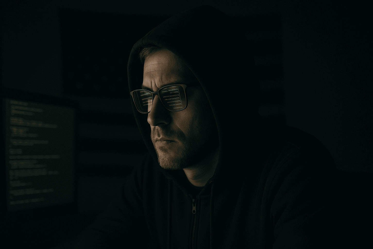 arte em estilo épico, retratando um cypherpunk solitário diante de uma tela luminosa em uma sala escura, com linhas de código refletidas nos olhos e bandeiras do Estado apagando-se ao fundo.
