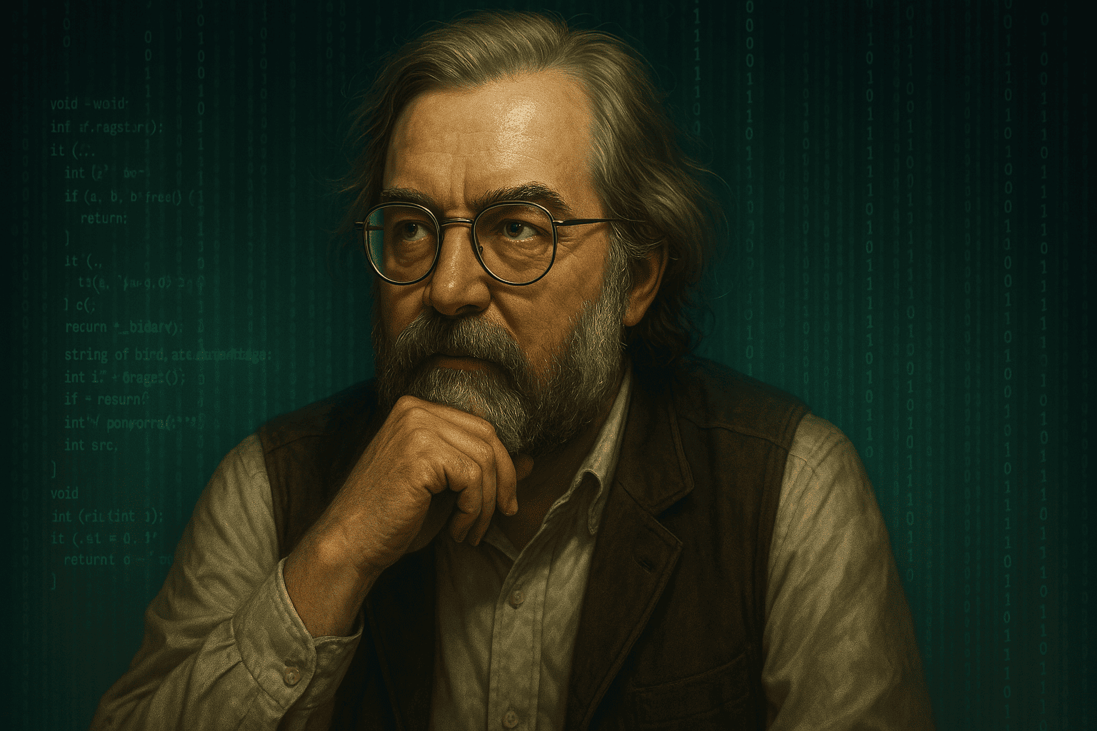 retrato digital estilizado de Timothy C. May com fundo futurista, códigos fluindo atrás dele como um manto, em pose de pensador visionário.