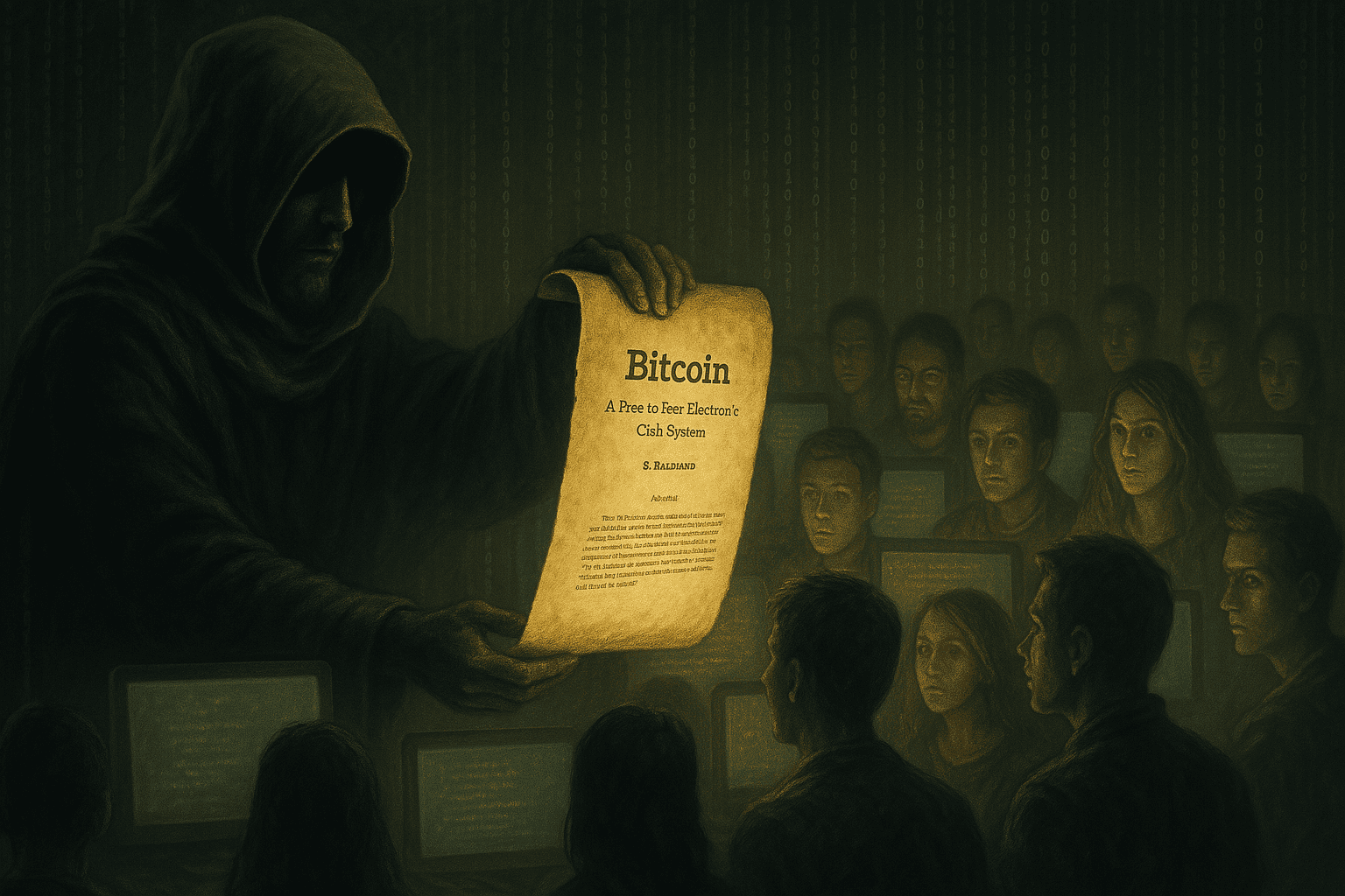 arte simbólica com um cypherpunk passando um pergaminho digital (o whitepaper do Bitcoin) para uma multidão desperta atrás de telas, com códigos se iluminando nas sombras..