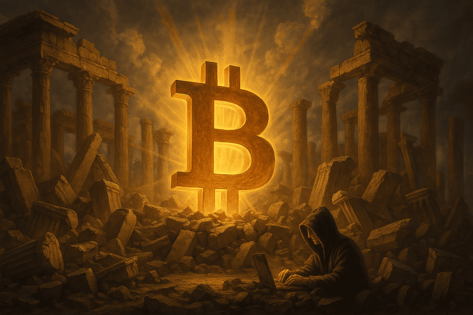 arte heroica com o símbolo do Bitcoin emergindo de ruínas com colunas romanas quebradas ao fundo representando bancos e governos antigos.