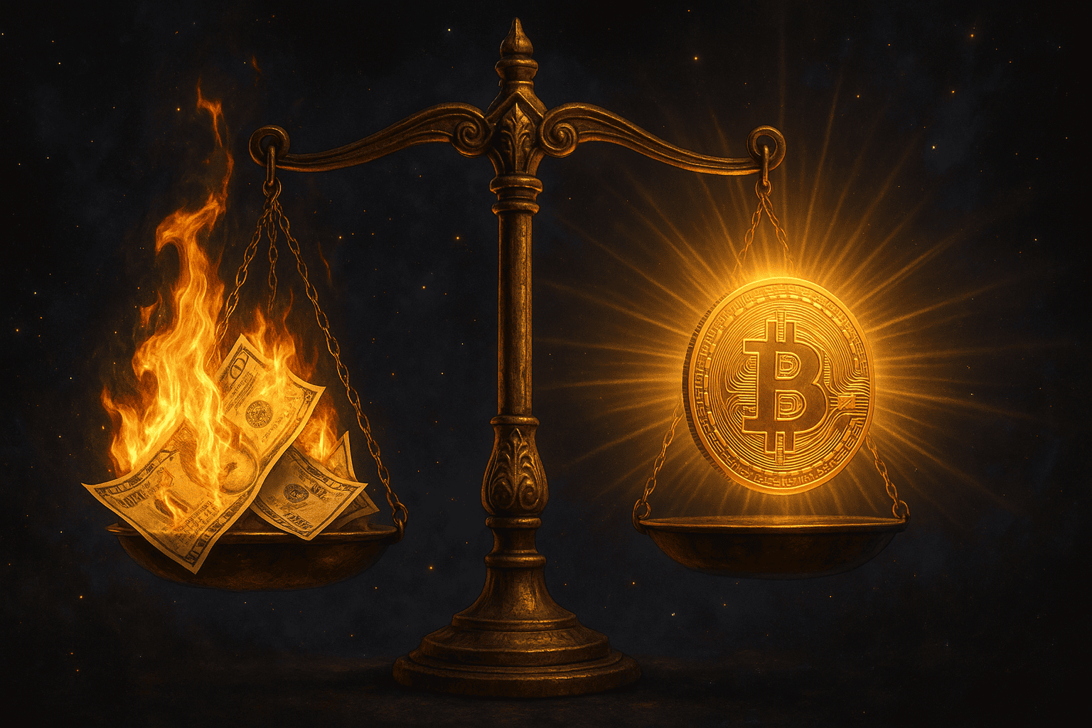 arte com uma balança cósmica, de um lado notas de dinheiro queimando em inflação, do outro uma moeda de Bitcoin dourada irradiando luz.