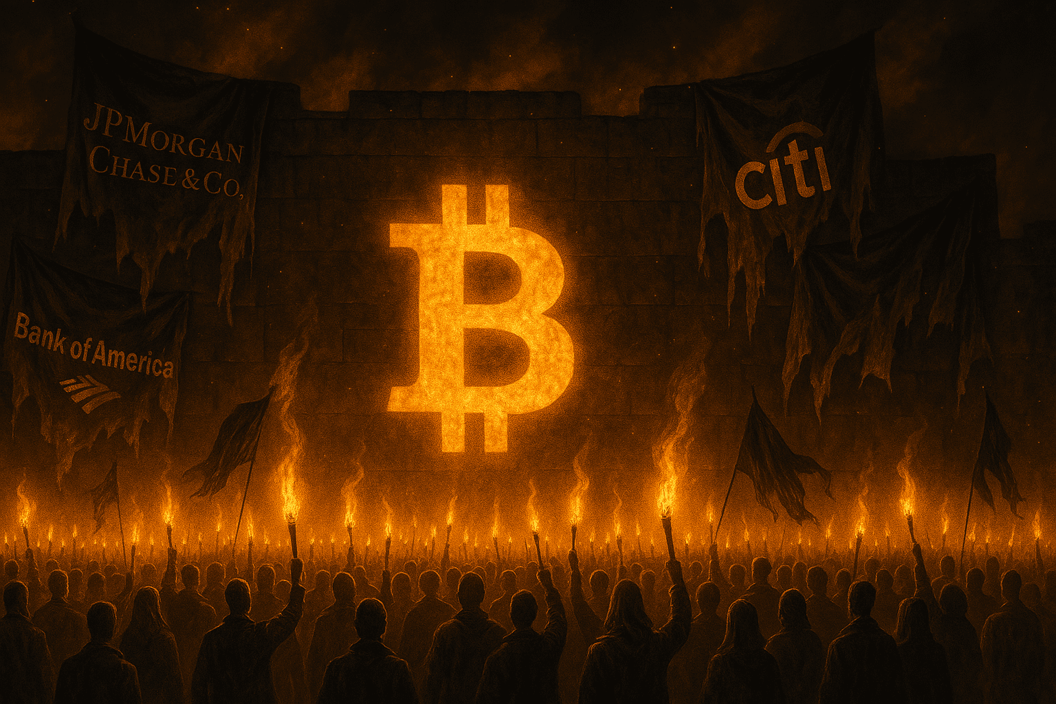 cena épica com uma multidão acendendo tochas diante de uma muralha com o símbolo do Bitcoin projetado, enquanto bandeiras de bancos caem como cortinas rasgadas.