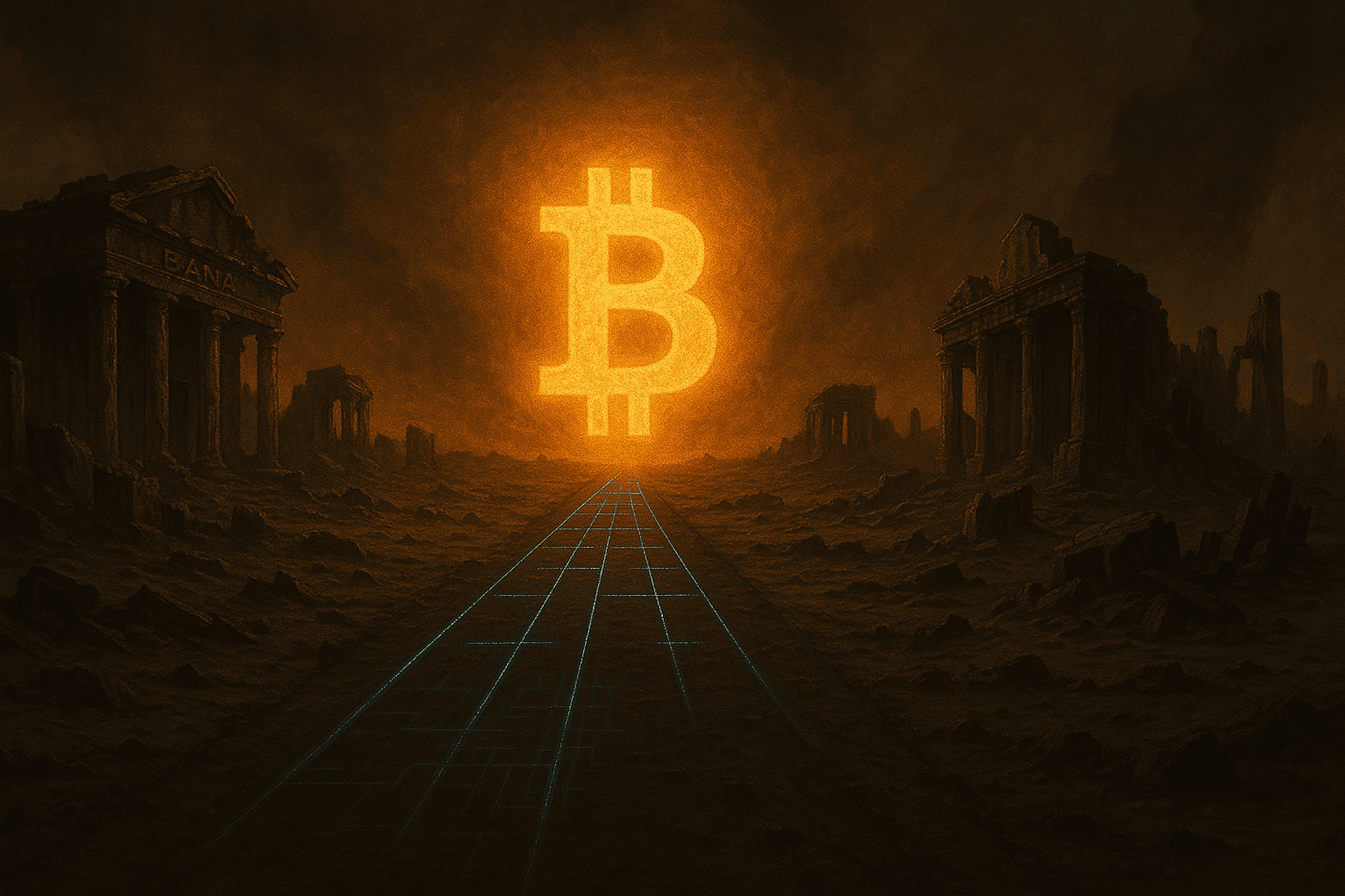 uma estrada digital que atravessa um deserto sombrio com ruínas de bancos antigos, ao fundo, o símbolo do Bitcoin brilhando como sol nascente.