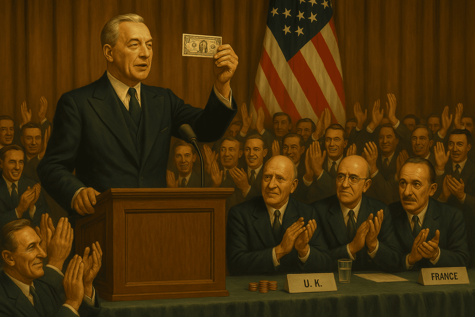 representação artística da conferência de Bretton Woods com destaque para o dólar como moeda global.