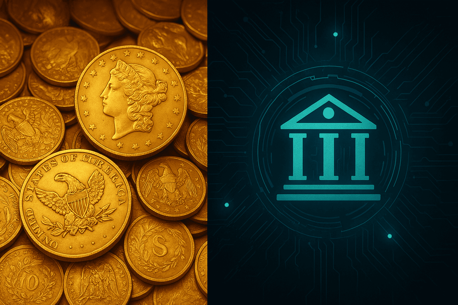 arte visual com contraste entre moedas de ouro e um símbolo de um banco central digital futurista, representando controle total.