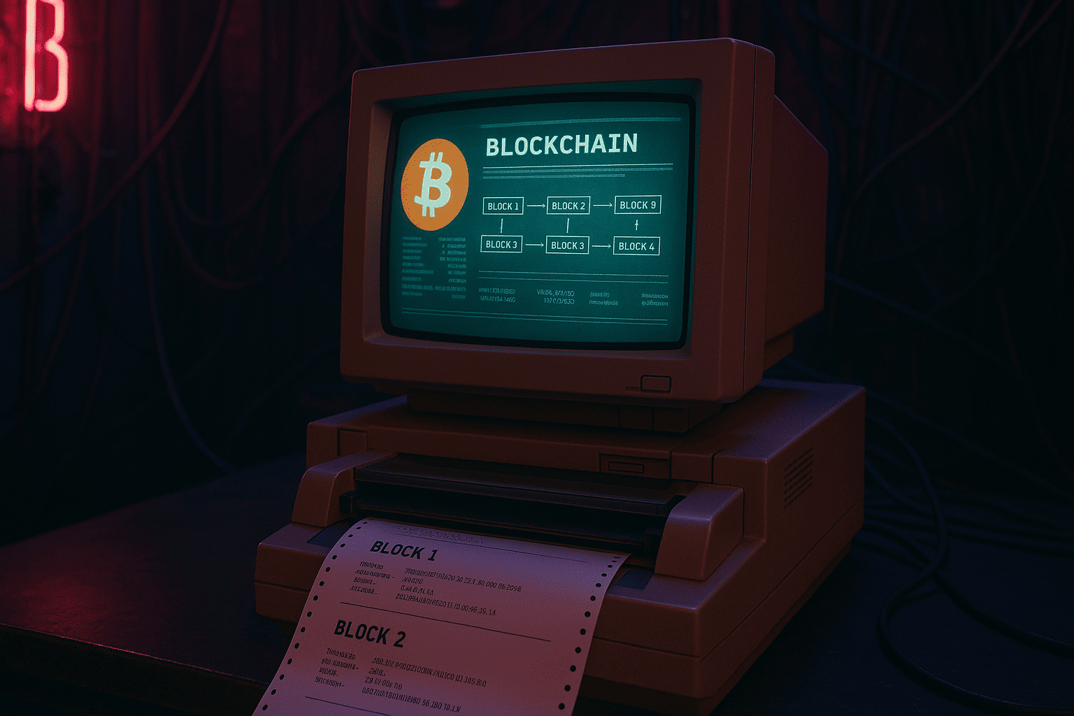 arte de estilo cyberpunk com um terminal de computador antigo imprimindo os primeiros blocos de uma rede descentralizada.