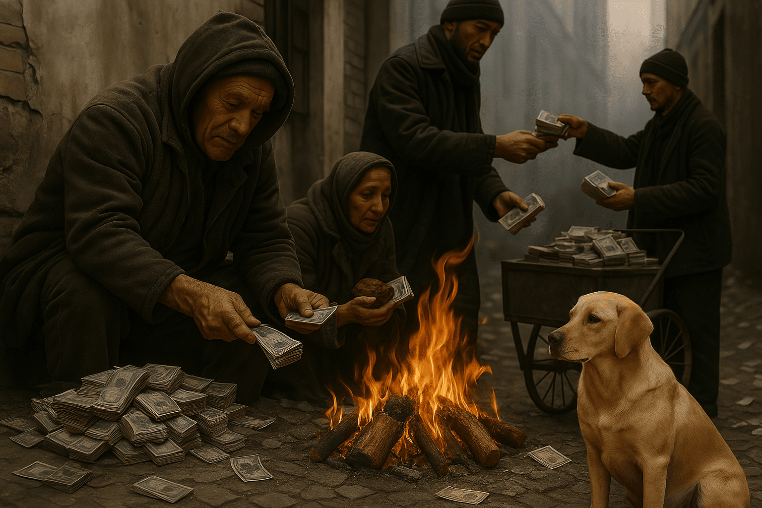 fotografia impactante da hiperinflação, como pilhas de notas inúteis sendo pesadas ou usadas como papel comum