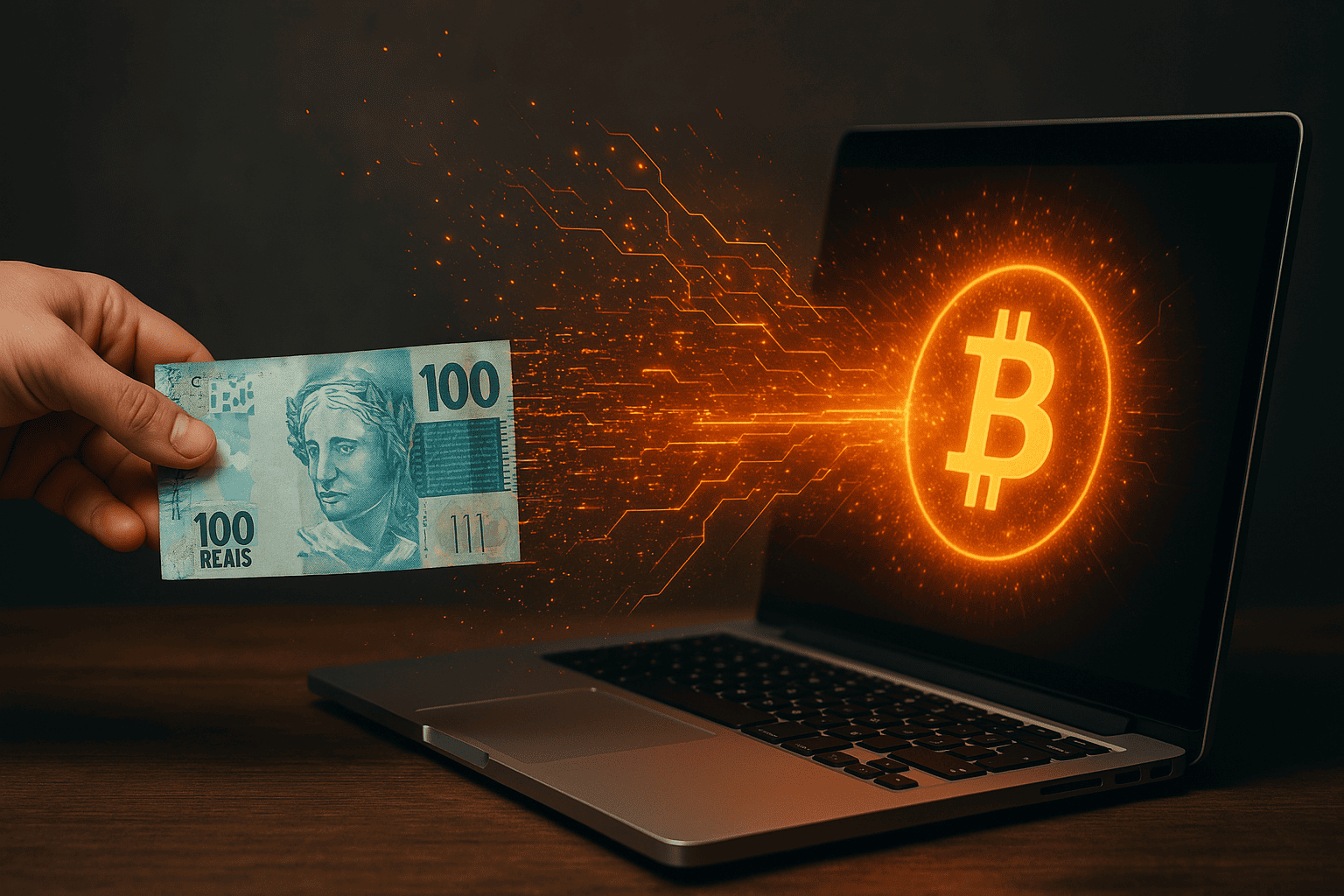 ilustração de transição do dinheiro tradicional para o digital, com uma ponte entre notas e um símbolo de Bitcoin.