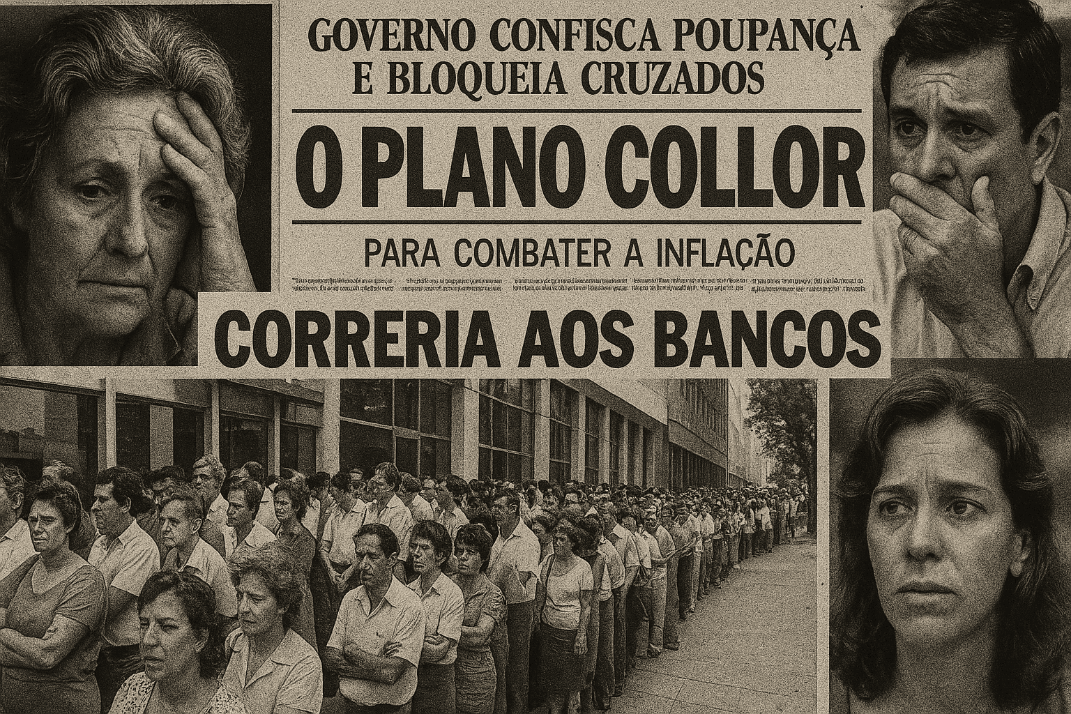 colagem visual com manchetes do Plano Collor, filas em bancos e rostos preocupados de cidadãos brasileiros.