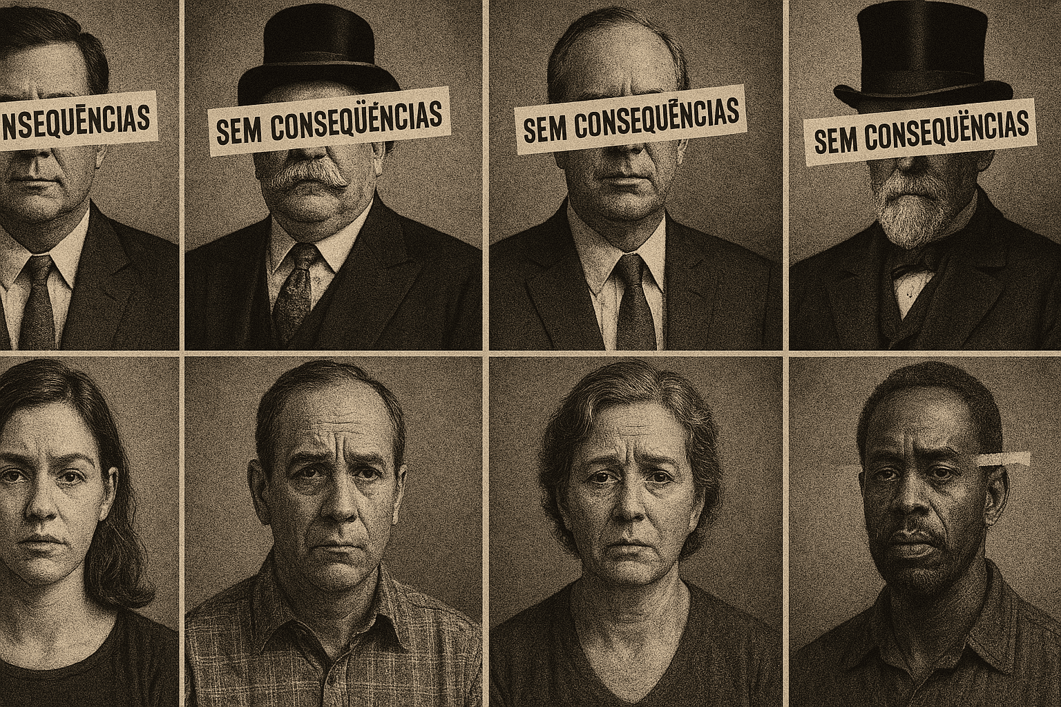 Mural com fotos estilizadas de políticos, banqueiros e cidadãos comuns, com faixas de sem consequências cobrindo os olhos dos primeiros.