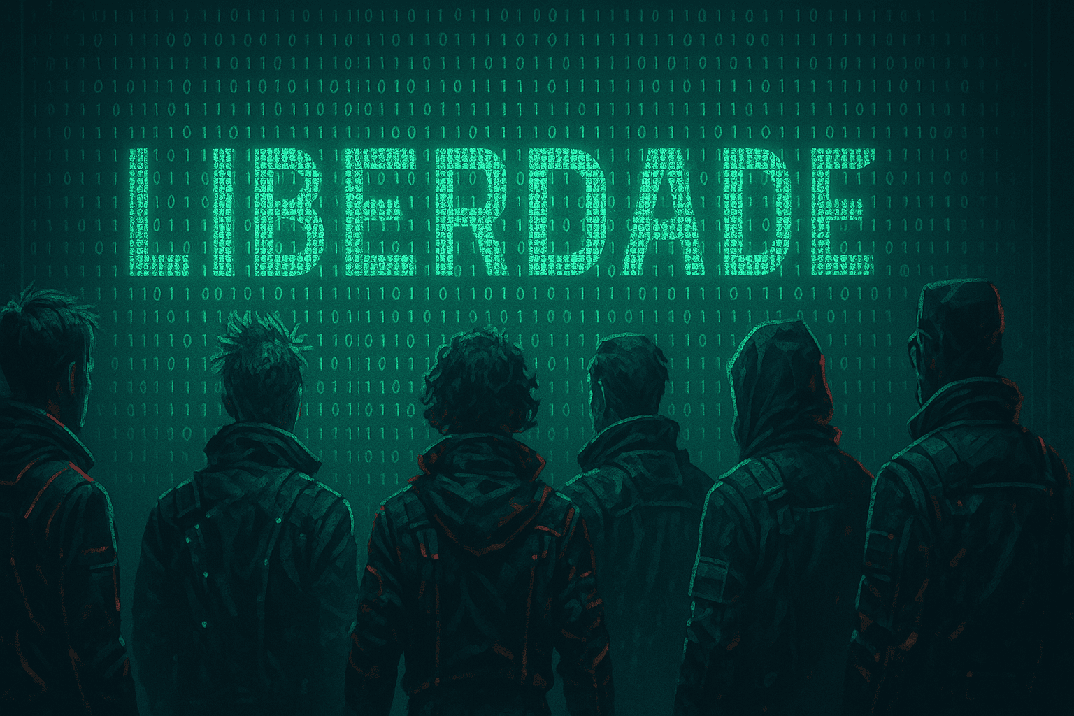 galeria de personagens anônimos em estilo cyberpunk olhando para uma tela com código binário que forma a palavra “liberdade”.