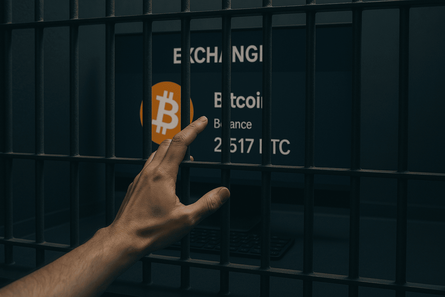 uma tela de exchange com o saldo de bitcoin visível, atrás de grades transparentes, enquanto uma mão do usuário tenta alcançar mas não consegue tocar os ativos.