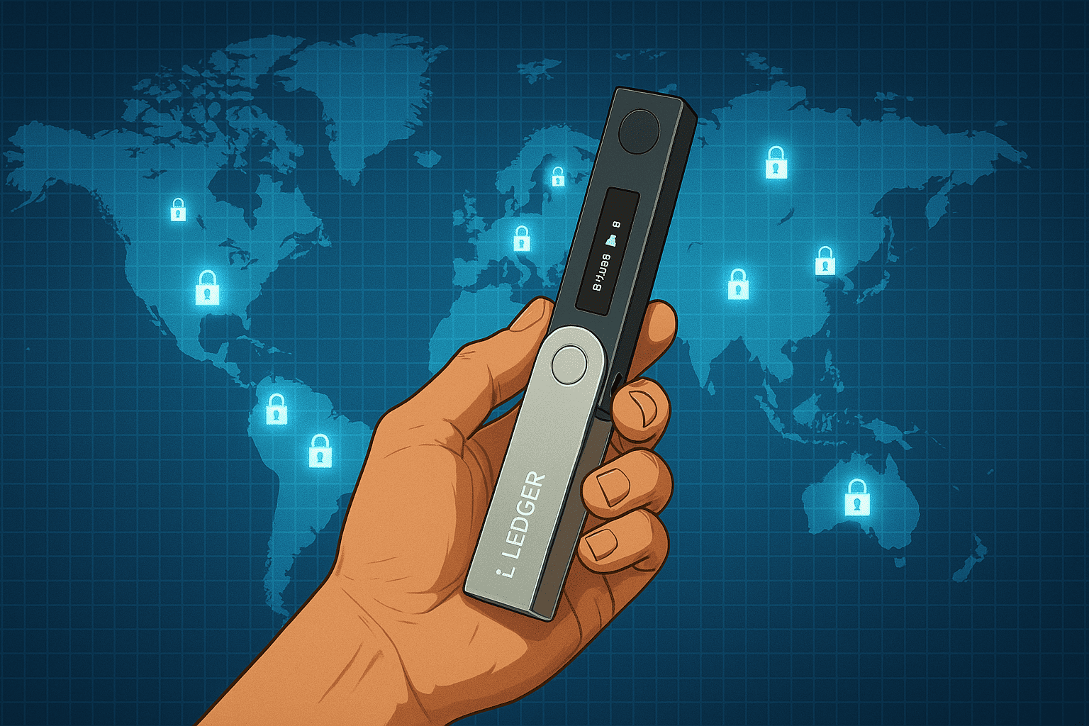 cena inspiradora de um indivíduo segurando uma cold wallet na palma da mão, sobre um mapa do mundo digital, com pequenos símbolos de cadeados brilhando em diversos países.