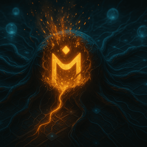 Uma representação dramática e realista de um ecossistema descentralizado se recuperando de danos internos. A figura central simboliza o token OM cercado por fragmentos sendo incinerados, enquanto os nós se realinham e os sinais de renovação pulsam através de uma blockchain viva. Humor: simbólico, regenerativo, alta fidelidade
