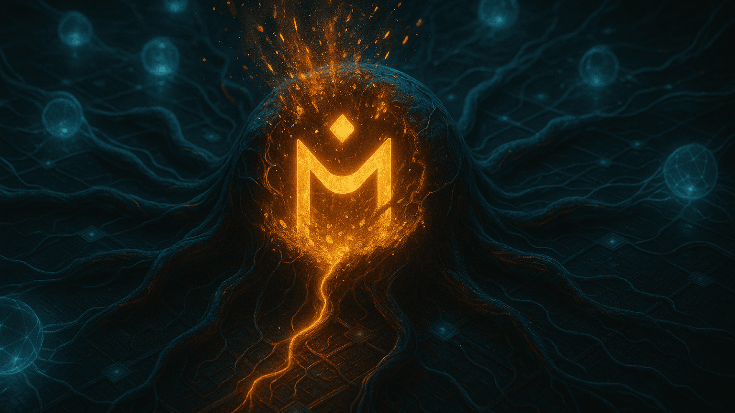 Uma representação dramática e realista de um ecossistema descentralizado se recuperando de danos internos. A figura central simboliza o token OM cercado por fragmentos sendo incinerados, enquanto os nós se realinham e os sinais de renovação pulsam através de uma blockchain viva. Humor: simbólico, regenerativo, alta fidelidade