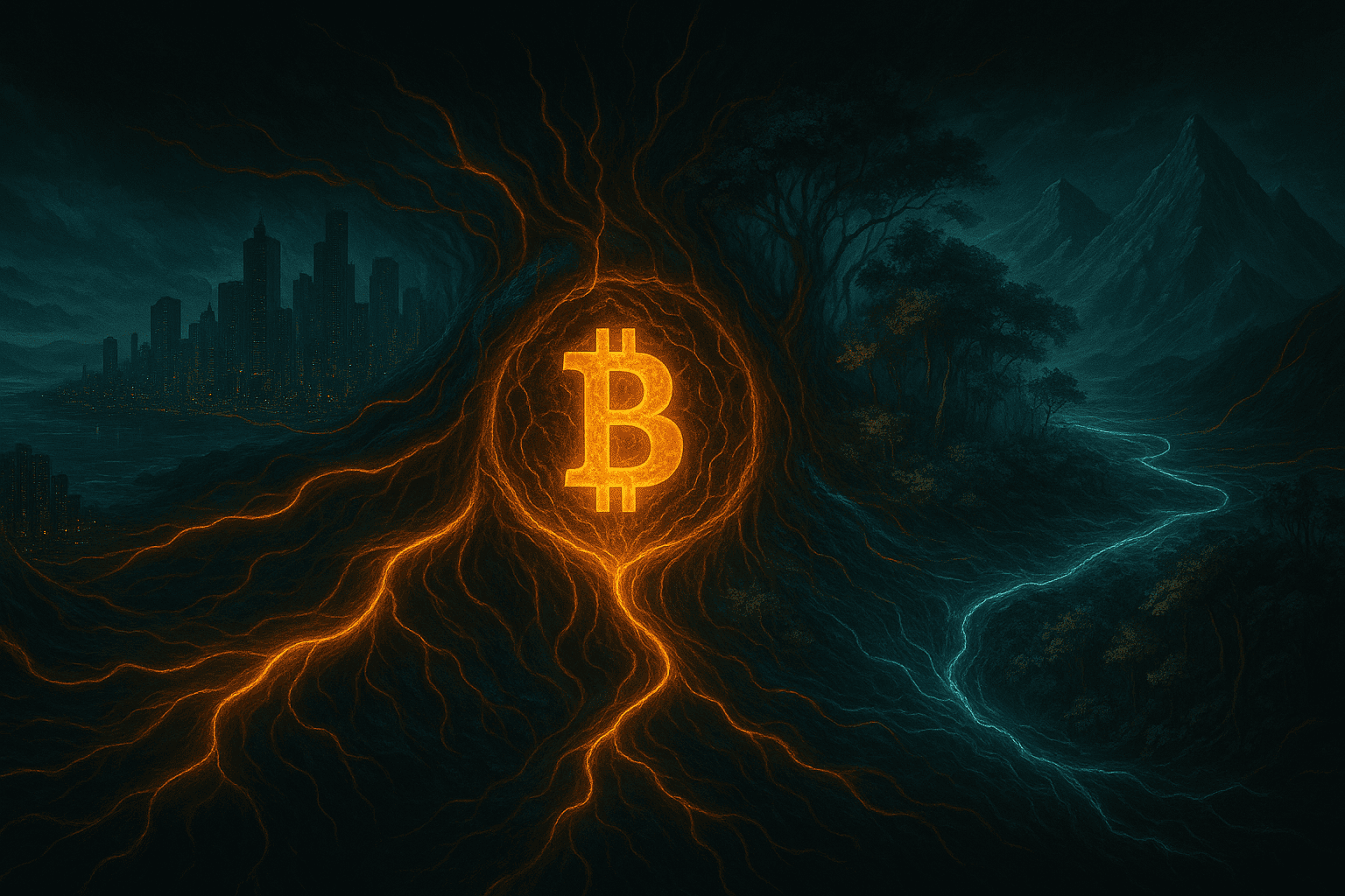 Uma representação realista e simbólica de um mundo descentralizado onde o Bitcoin flui como moeda principal. Um logotipo BTC luminoso está conectado a várias paisagens urbanas vivas - costeiras, urbanas, selvas, montanhas - por meio de veias de blockchain bioluminescentes.