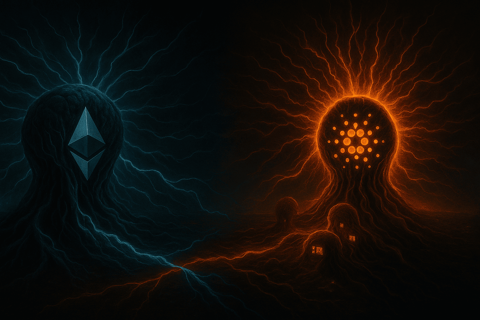 Cena realista de dois organismos simbióticos — um representando Ethereum, outro Cardano — crescendo em ambientes paralelos, conectados por redes de dados e energia descentralizada, com Cardano em ritmo celular acelerado mas ainda subestimado em seu brilho externo.