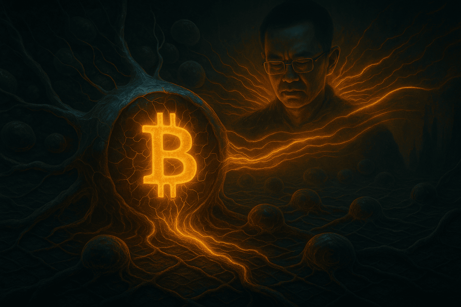 Uma representação realista, mas simbólica, do ecossistema Bitcoin evoluindo após o halving, com uma figura brilhante de CZ ao fundo, liberando ondas digitais em uma estrutura de blockchain viva. O Bitcoin é descrito como um organismo central, cercado por camadas de especulação, crescimento e memória histórica.