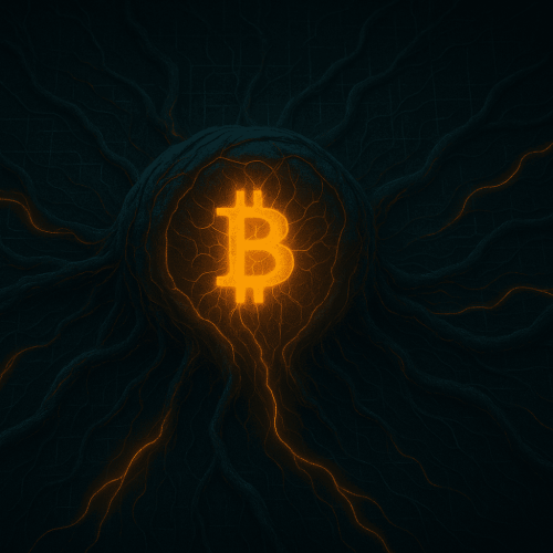 Uma cena realista e simbólica de uma carteira de baleia Bitcoin há muito adormecida reativando após uma década. A cena mostra um núcleo digital brilhante dentro de uma grade escura de blockchain, com linhas de energia se ramificando como nervos ou raízes, sugerindo mistério, poder e legado. Estilo: fusão simbólica, dramática, tecnologia-biológica