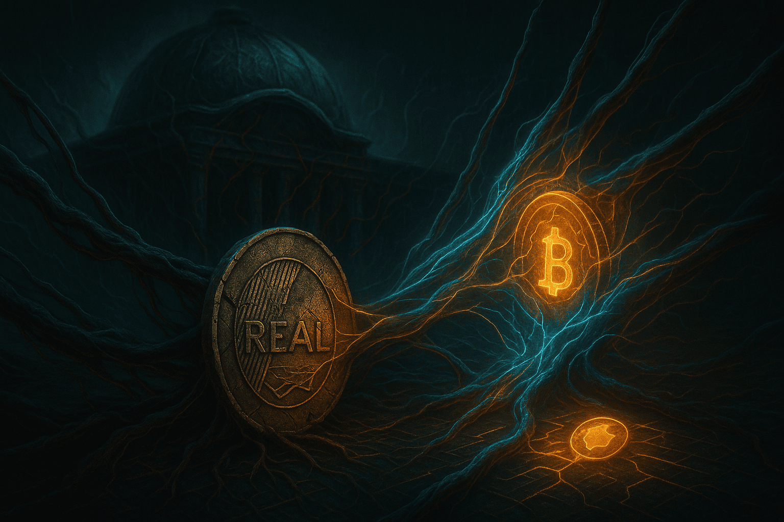 Imagem realista e dramática mostrando uma moeda de Real parcialmente corroída, sendo puxada de volta para um banco central sombrio e inflacionado, enquanto um token cripto tenta escapar envolto em tendões digitais.