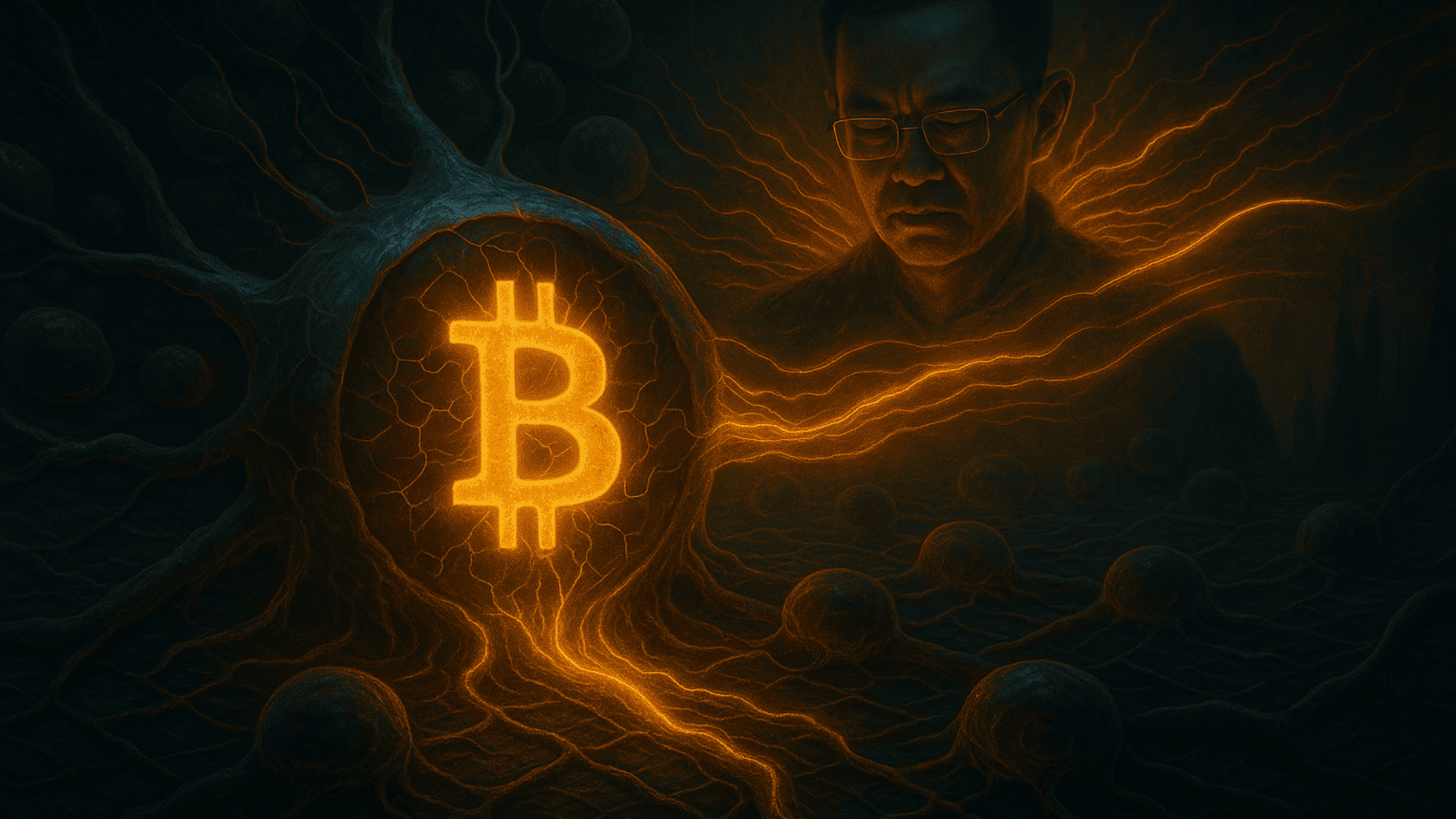 Uma representação realista, mas simbólica, do ecossistema Bitcoin evoluindo após o halving, com uma figura brilhante de CZ ao fundo, liberando ondas digitais em uma estrutura de blockchain viva. O Bitcoin é descrito como um organismo central, cercado por camadas de especulação, crescimento e memória histórica.