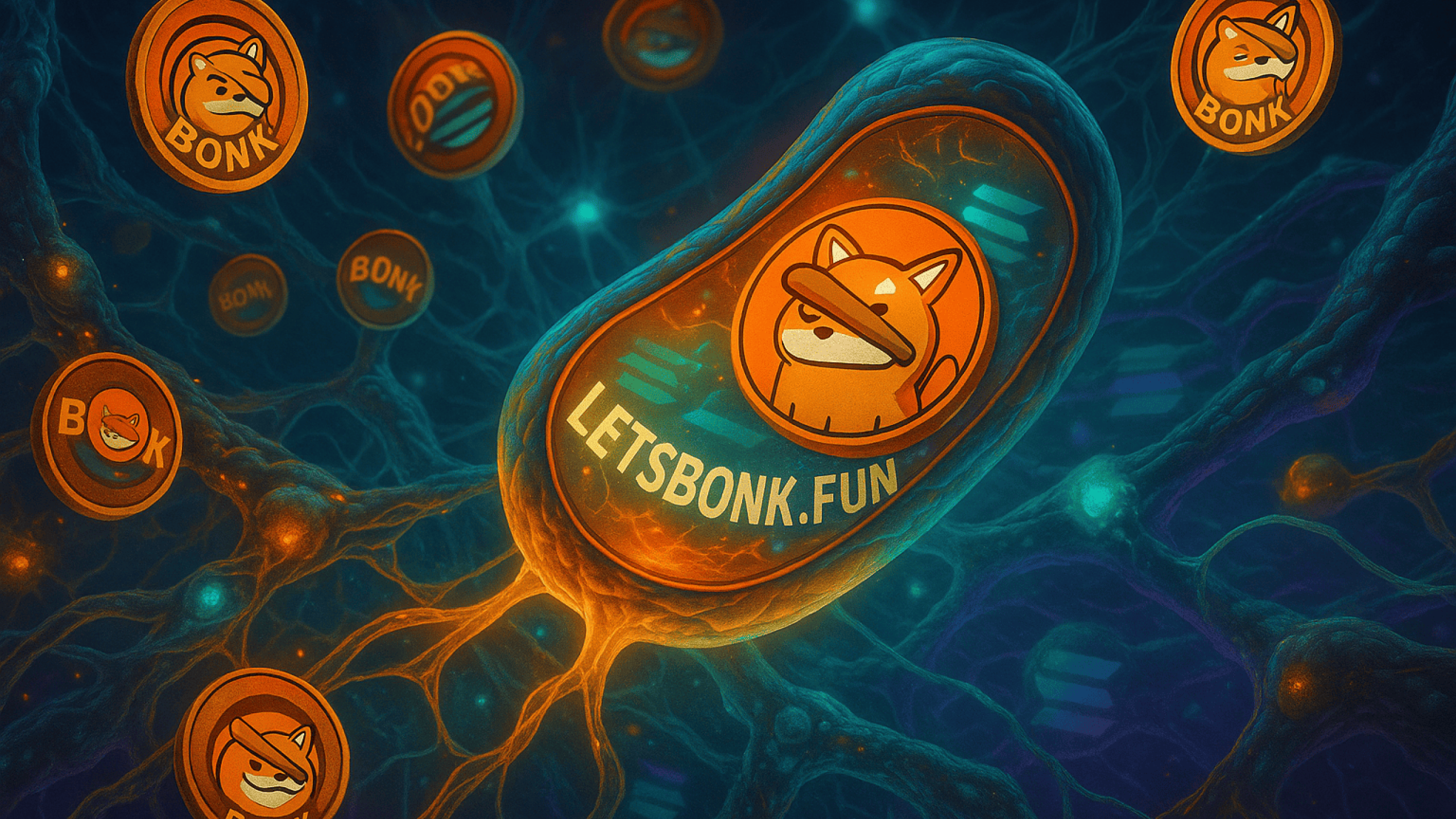 um ecossistema biotecnológico futurista, onde partículas de BONK se replicam dentro de uma teia simbiótica, com a plataforma Letsbonk.Fun projetada como uma mitocôndria central gerando novos tokens e energizando a rede Solana em tons vibrantes e pulsantes.