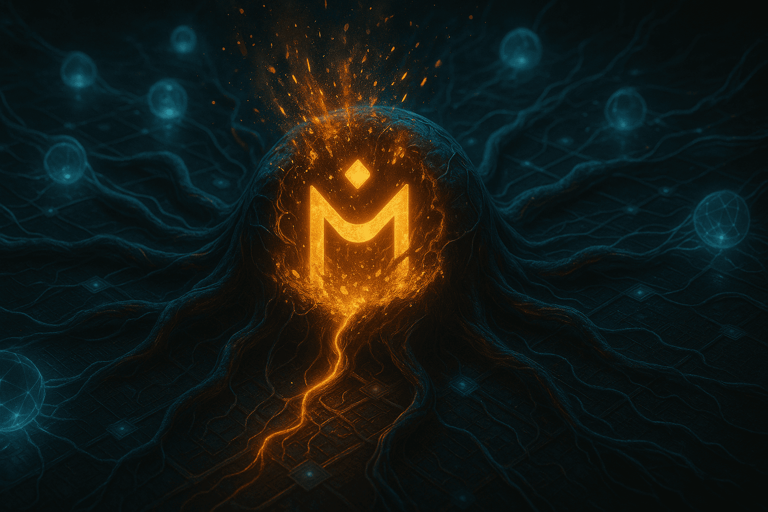 Uma representação dramática e realista de um ecossistema descentralizado se recuperando de danos internos. A figura central simboliza o token OM cercado por fragmentos sendo incinerados, enquanto os nós se realinham e os sinais de renovação pulsam através de uma blockchain viva. Humor: simbólico, regenerativo, alta fidelidade