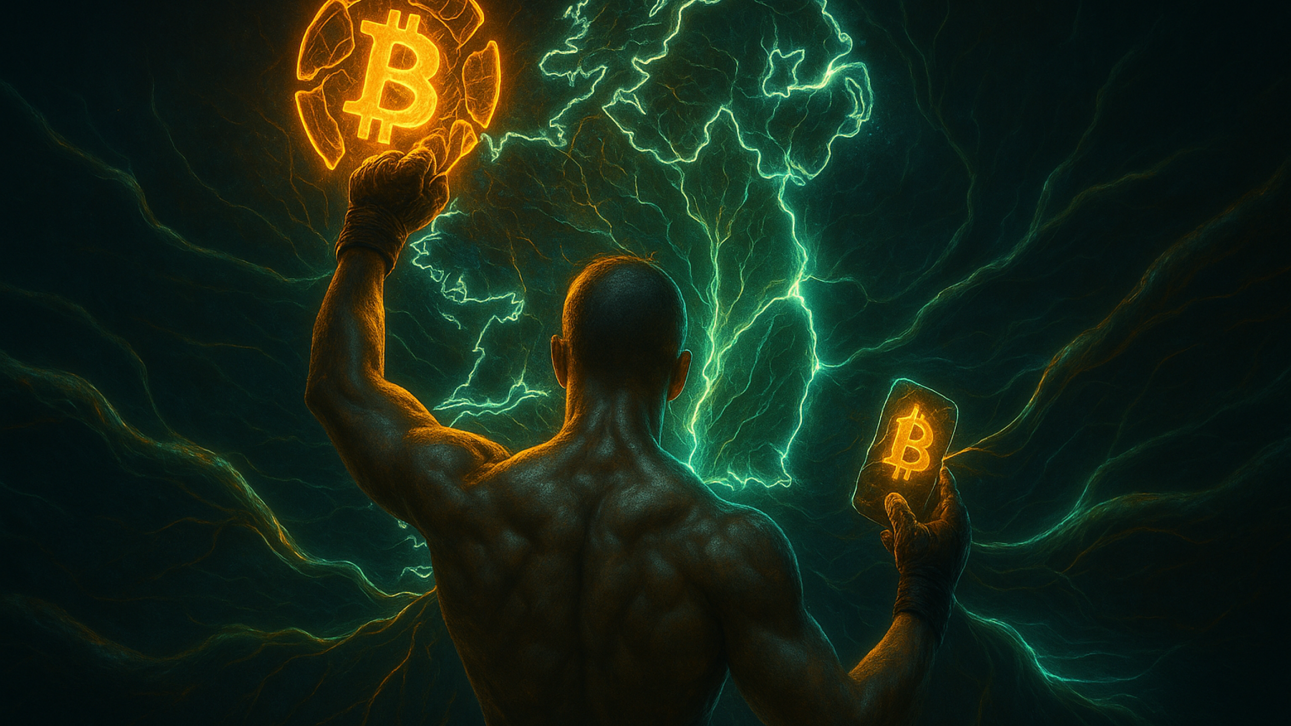 Imagem realista e simbólica do lutador do UFC por trás levantando um fragmento luminoso de Bitcoin digital na frente de uma representação estilizada da Irlanda, com veias de luz percorrendo o território como se o BTC estivesse sendo integrado ao organismo do país.
