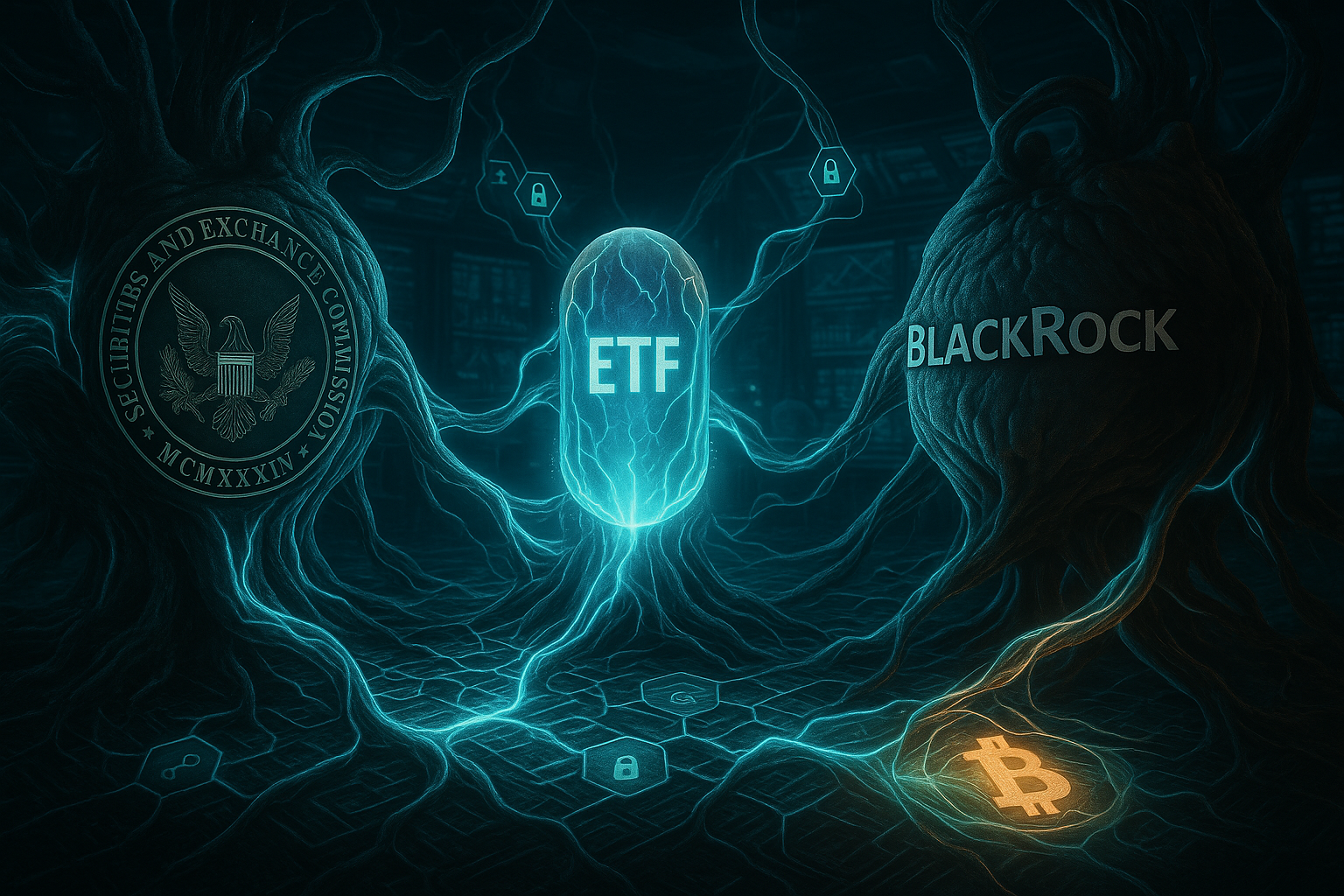 Imagem realista e simbólica da SEC e da BlackRock retratadas como organismos interconectados por cabos orgânicos e estruturas de blockchain em uma sala de negociação futurista, com um ETF em forma de cápsula de luz sendo analisado por ambas as partes.