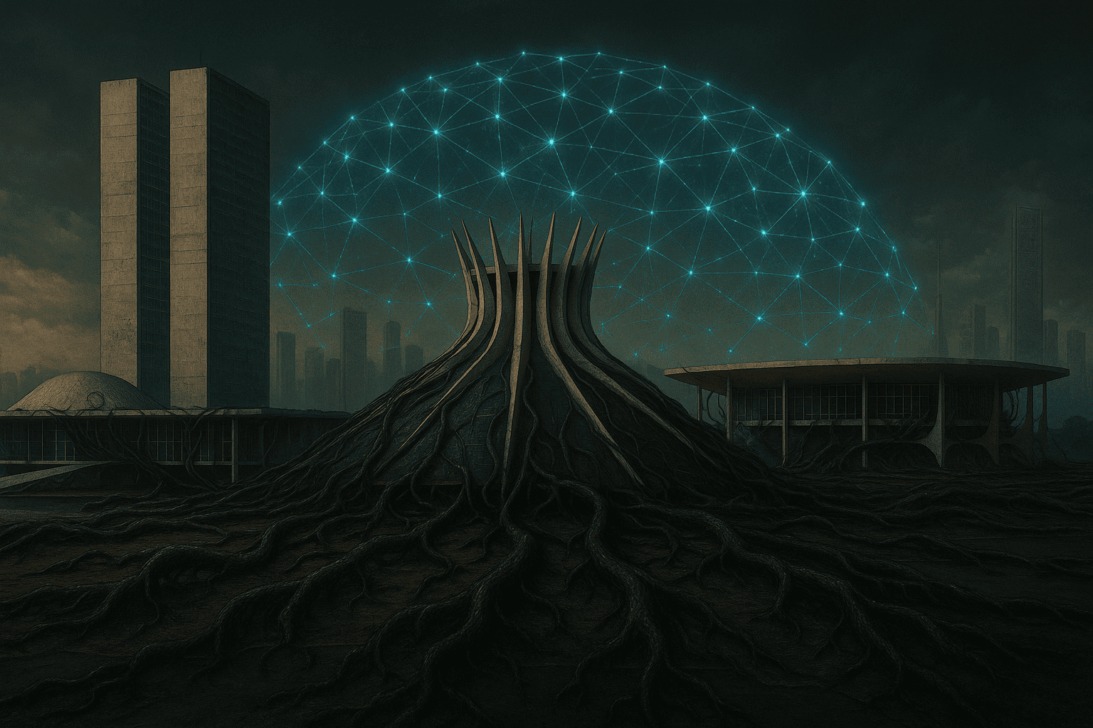 Uma cena realista de Brasília com suas estruturas clássicas parcialmente corrompidas, sendo invadidas por raízes negras simbólicas da corrupção, enquanto ao fundo emerge uma rede digital descentralizada brilhando em contraste, como um novo ecossistema resistente e em expansão.