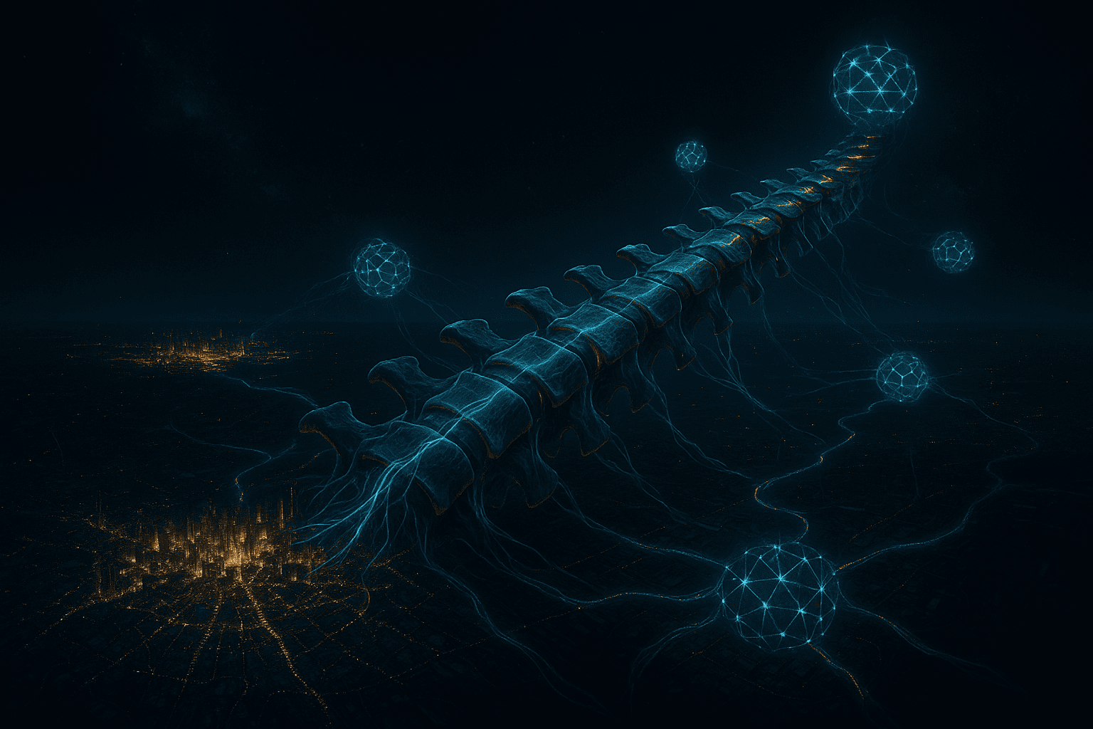 Cena realista de uma espinha dorsal biotecnológica gigante flutuando no espaço digital, conectando diversas cidades, redes e blockchains, simbolizando a blockchain como a coluna vertebral da nova civilização descentralizada.